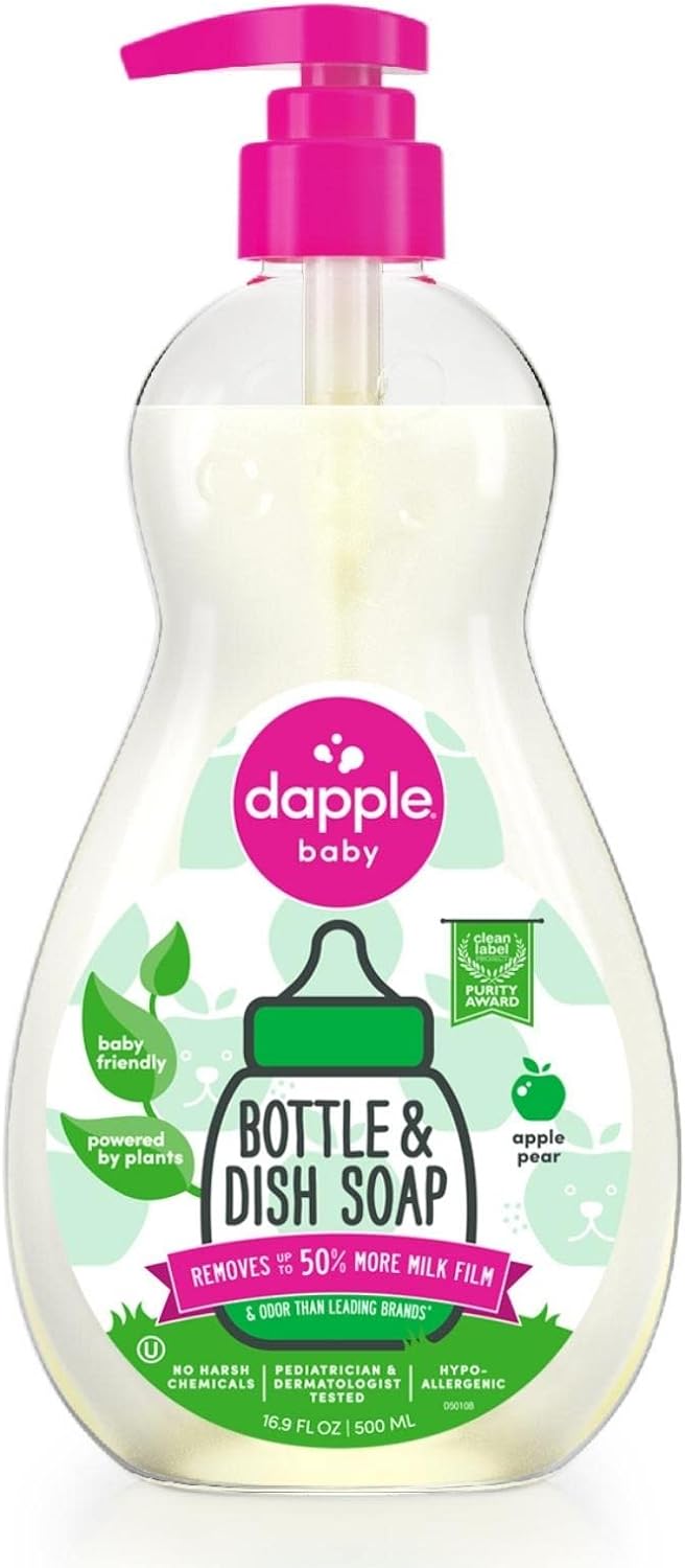Dapple Baby, Bottle and Dish Soap Dish Liquid Plant Based Hypoallergenic 1 Pump Included, Packaging May Vary, Fragrance Free, 16.9 Fl Oz (Pack of 3)