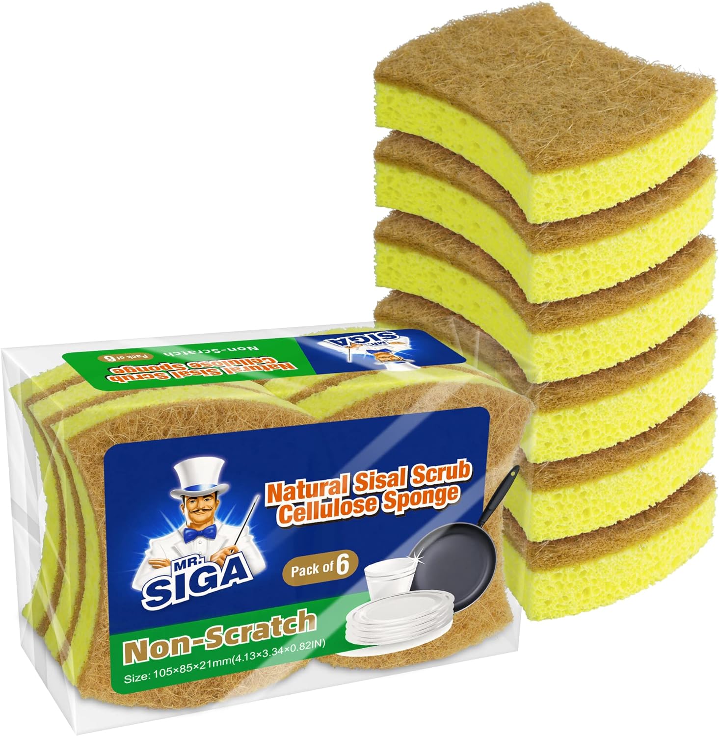 MR.SIGA Non-Scratch Cellulose Scrub Sponge, Dual-Sided Dishwashing Sponge for Kitchen, 12 Pack