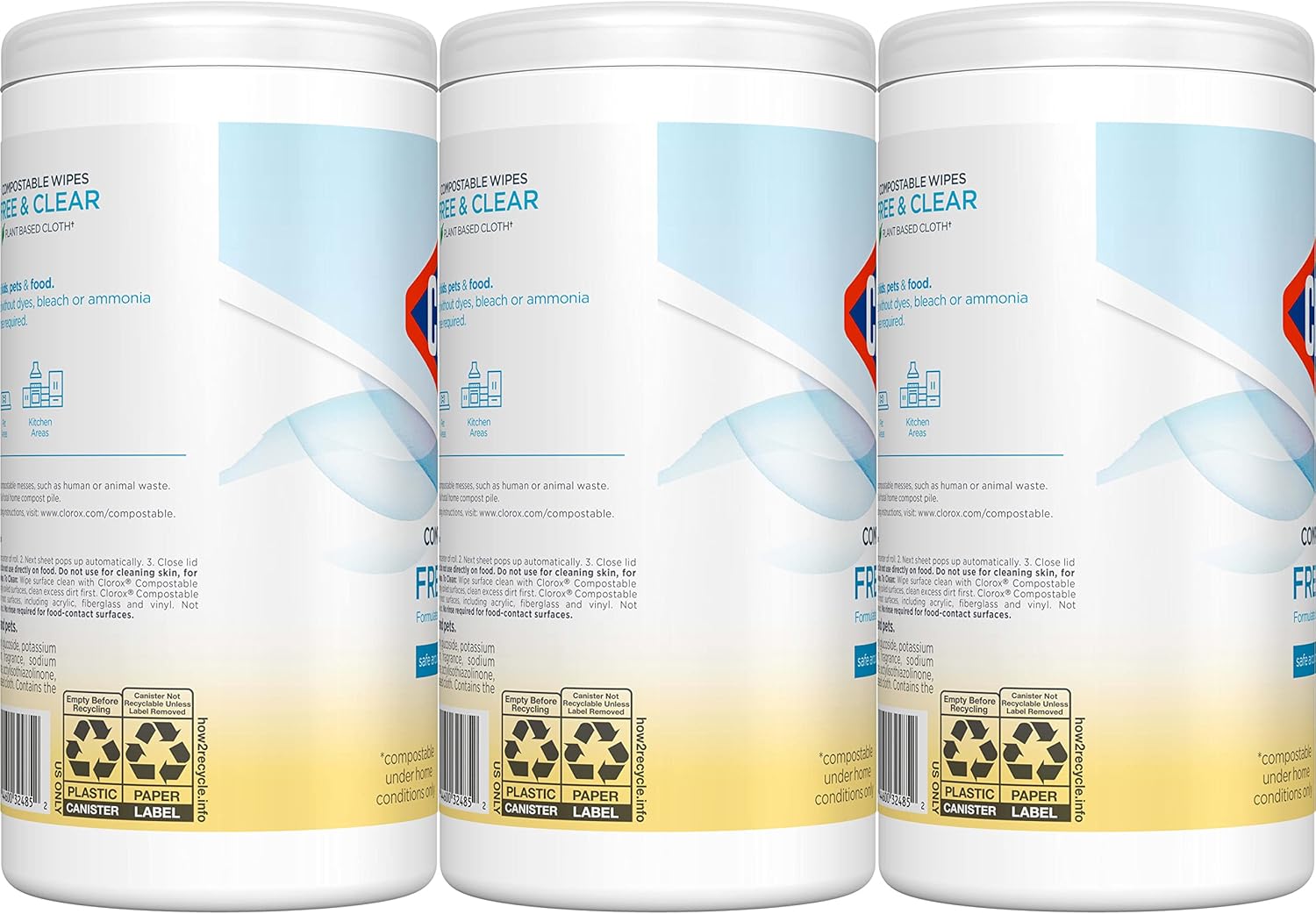 Clorox Free & Clear Compostable Cleaning Wipes, Light Lemon Scent, 75 Count, Pack of 3 (Pack May Vary)