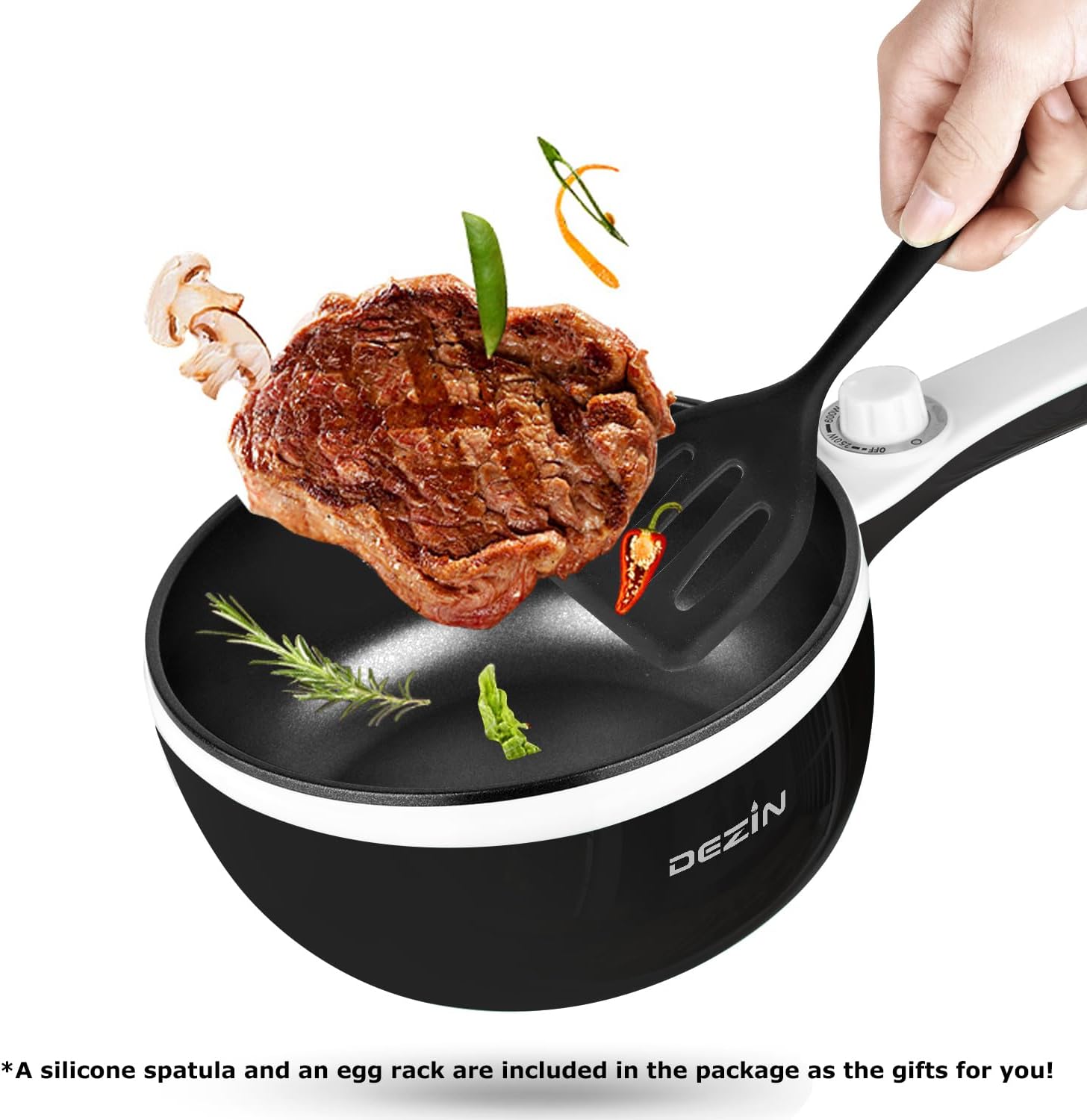 Dezin Hot Pot Electric Upgraded, Non-Stick Sauté Pan, Rapid Noodles Electric Pot, 1.5L Mini Portable Hot Pot for Steak, Egg, Fried Rice, Ramen, Oatmeal, Soup with Power Adjustment(Egg Rack Included)