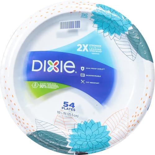 Dixie Large Paper Plates, 10 Inch, 54 Count, 2X Stronger*, Microwave-Safe, Soak-Proof, Cut Resistant, Disposable Plates For Everyday Breakfast, Lunch, & Dinner Meals
