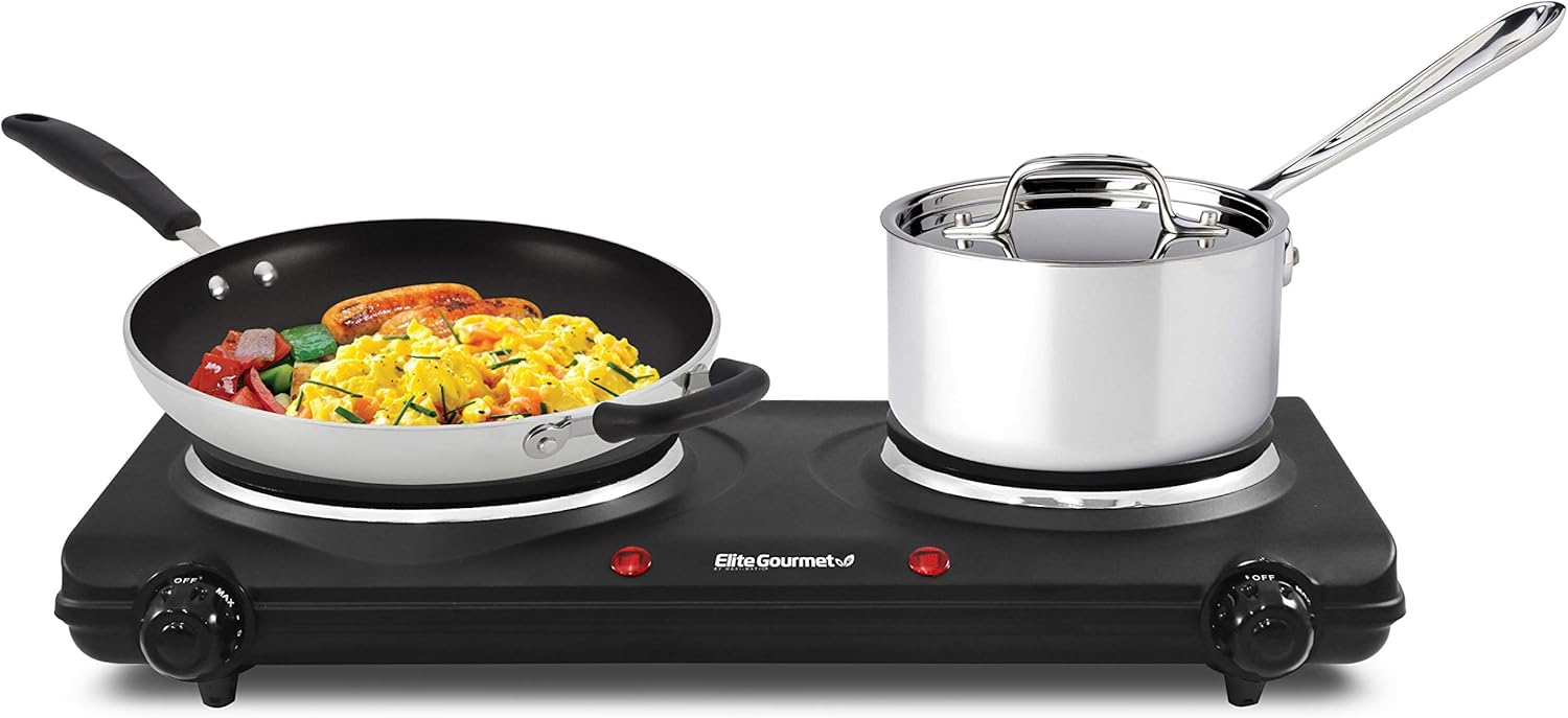 Elite Gourmet EDB-302BF# Countertop Double Cast Iron Burner, 1500 Watts Electric Hot Plate, Temperature Controls, Power Indicator Lights, Easy to Clean, Black