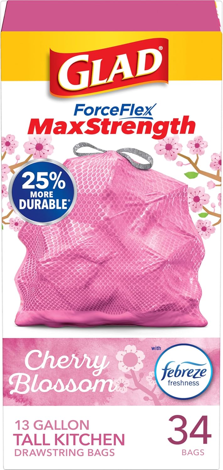 Glad ForceFlex MaxStrength with Clorox Trash Bags, 13 Gal, Lemon Fresh Bleach, 90 Ct, Pack May Vary