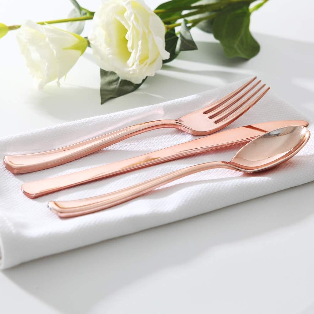 WDF300 Pieces Gold Plastic Silverware - Heavy Duty Disposable Gold Cutlery Set Plastic Gold Silverware Set Plastic Includes 100 Forks, 100 Spoons, 100 Knives