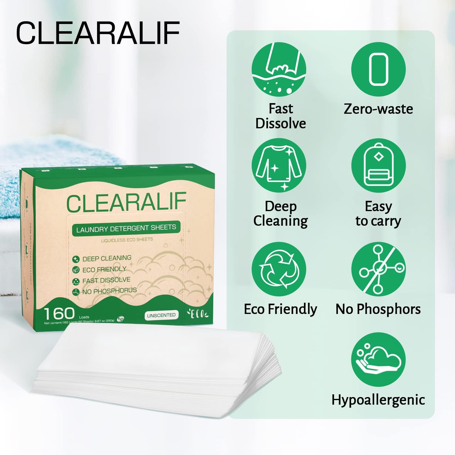 CLEARALIF Laundry Detergent Sheets Up to 160 Loads, Fresh Linen - Great For Travel,Apartments, Dorms,Laundry Detergent Strips Eco Friendly & Hypoallergenic