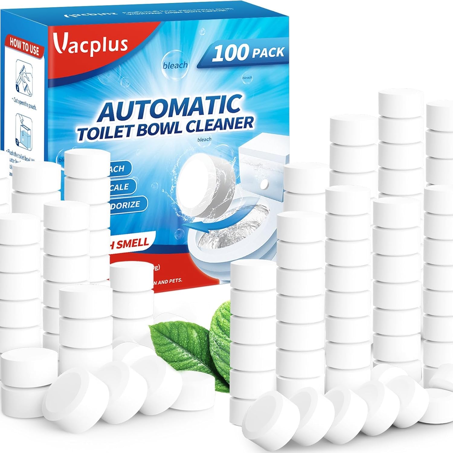 Vacplus Toilet Bowl Cleaner Tablets 12 PACK, Automatic Toilet Bowl Cleaners with Bleach for Deodorizing and Descaling, Bathroom Cleaner Against Tough Stains