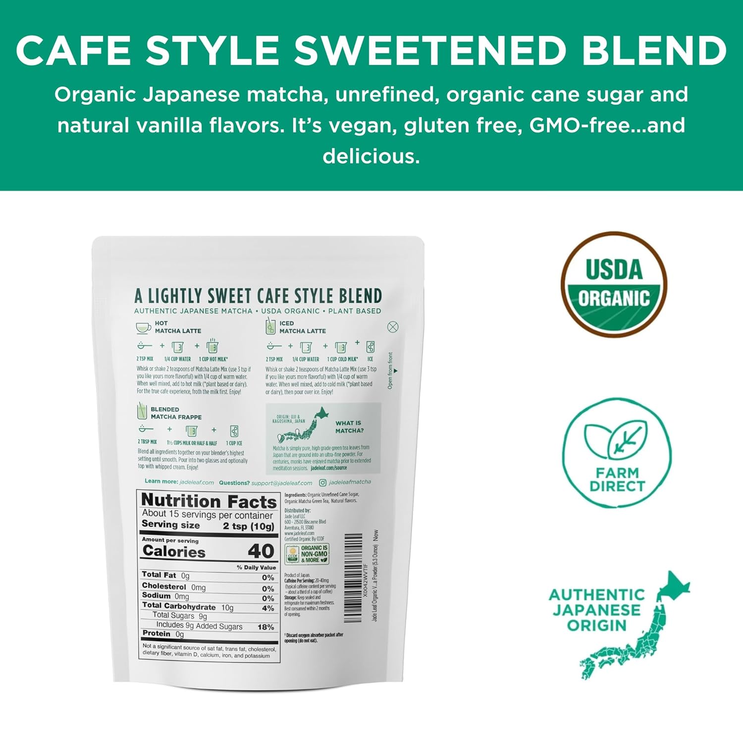 Jade Leaf Matcha Organic Café Style Sweetened Matcha Latte Premium Barista Crafted Mix - Original - Authentically Japanese (5.3 Ounce Pouch)