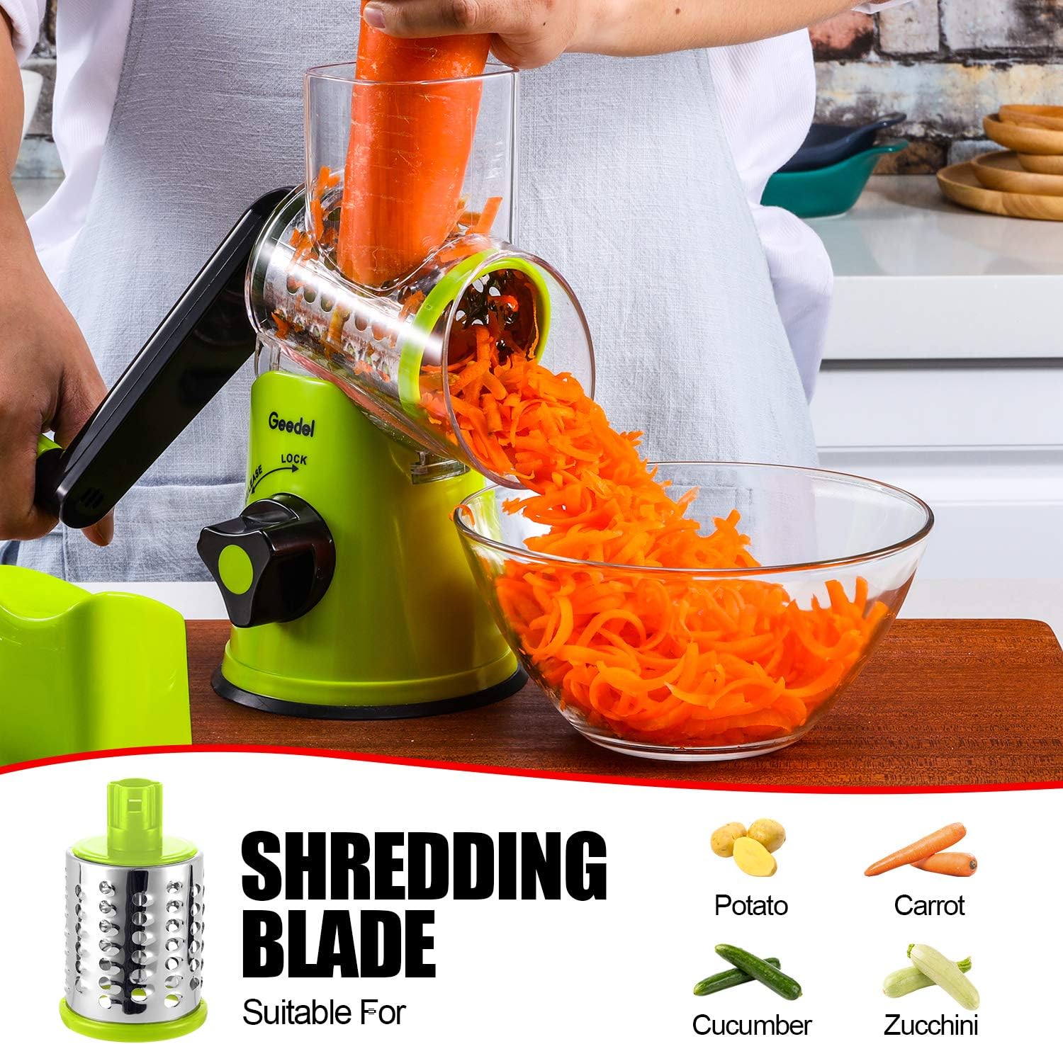 Geedel Rotary Cheese Grater, Kitchen Mandoline Vegetable Slicer with 3 Interchangeable Blades, Easy to Clean Grater for Fruit, Vegetables, Nuts