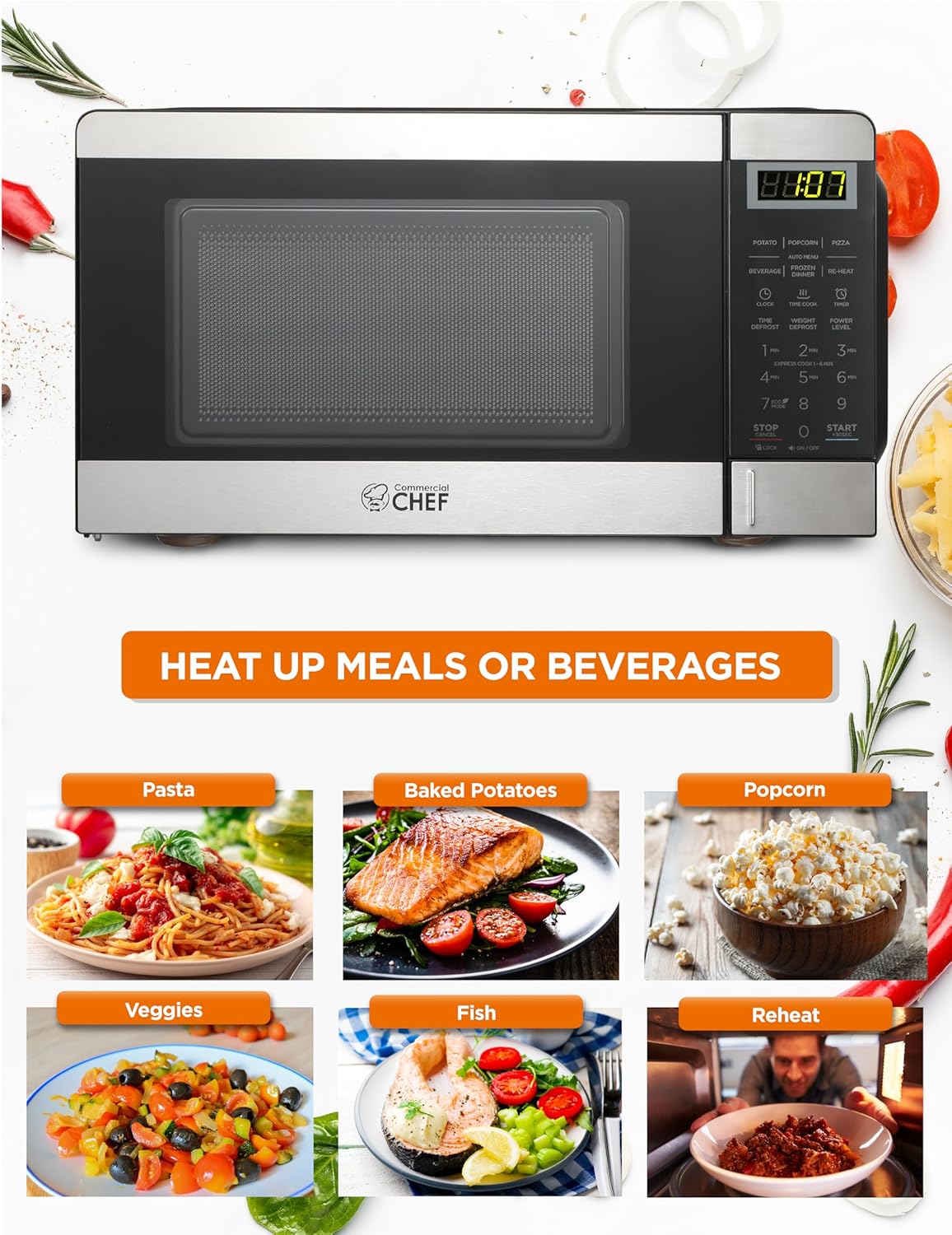 COMMERCIAL CHEF 0.6 Cubic Foot Microwave with 6 Power Levels, Small Microwave with Grip Handle, 700W Countertop Microwave with 30 Minute Timer and Mechanical Dial Controls, White