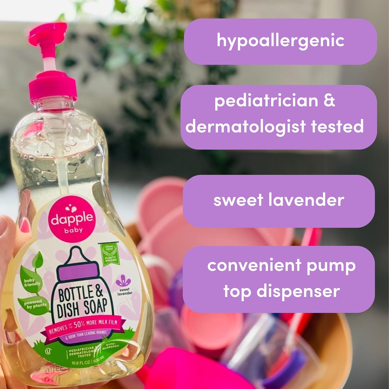Dapple Baby Bottle Soap, Hypoallergenic Dish Soap for Baby Bottles, Powered by Plants, 1 Pump Included, Packaging May Vary, Fragrance Free, 16.9 Fl Oz (Pack of 3)