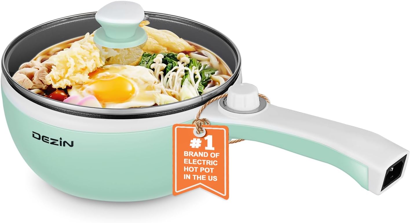 Dezin Hot Pot Electric Upgraded, Non-Stick Sauté Pan, Rapid Noodles Electric Pot, 1.5L Mini Portable Hot Pot for Steak, Egg, Fried Rice, Ramen, Oatmeal, Soup with Power Adjustment(Egg Rack Included)
