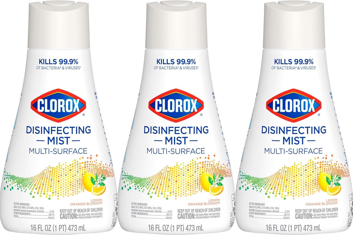 Clorox Disinfecting Mist, Lemon and Orange Blossom, Household Essentials, 1 Spray Bottle and 1 Refill, 16 Fl Oz Each