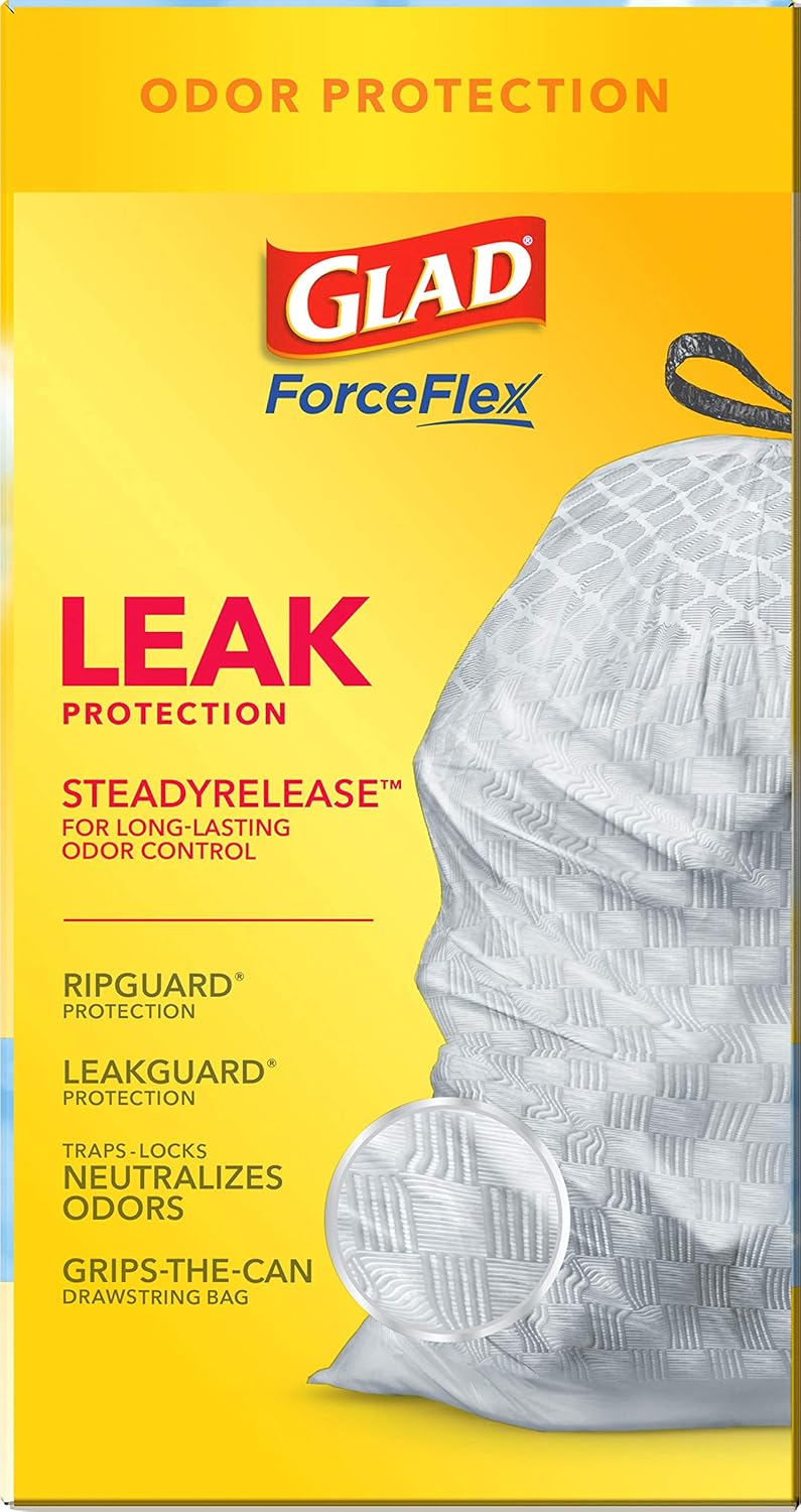 Glad Tall Kitchen Drawstring Trash Bags - Odorshield 13 Gallon White Trash Bag, Febreze Fresh Clean, 110 Count