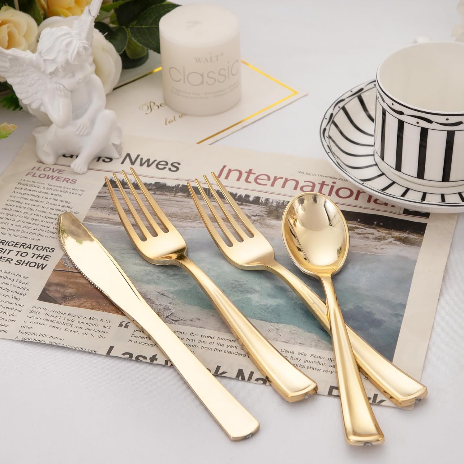 WDF300 Pieces Gold Plastic Silverware - Heavy Duty Disposable Gold Cutlery Set Plastic Gold Silverware Set Plastic Includes 100 Forks, 100 Spoons, 100 Knives