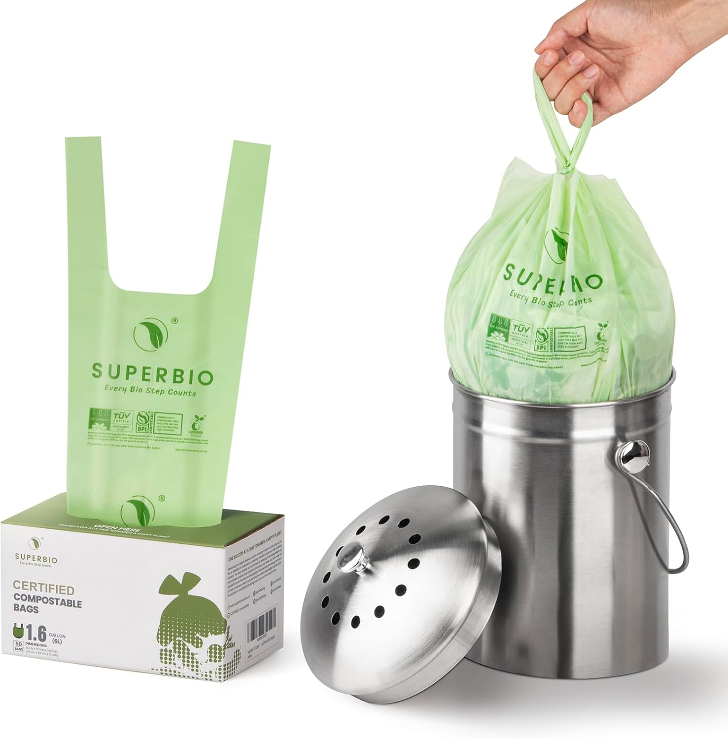 SUPERBIO 1.6 Gallon Handle Tie Compostable Food Scrap Bags For Counter Top Compost Bin, Small Compost Bags, 50 Count, 6 Liter, BPI & OK compost INDUSTRIAL Certified