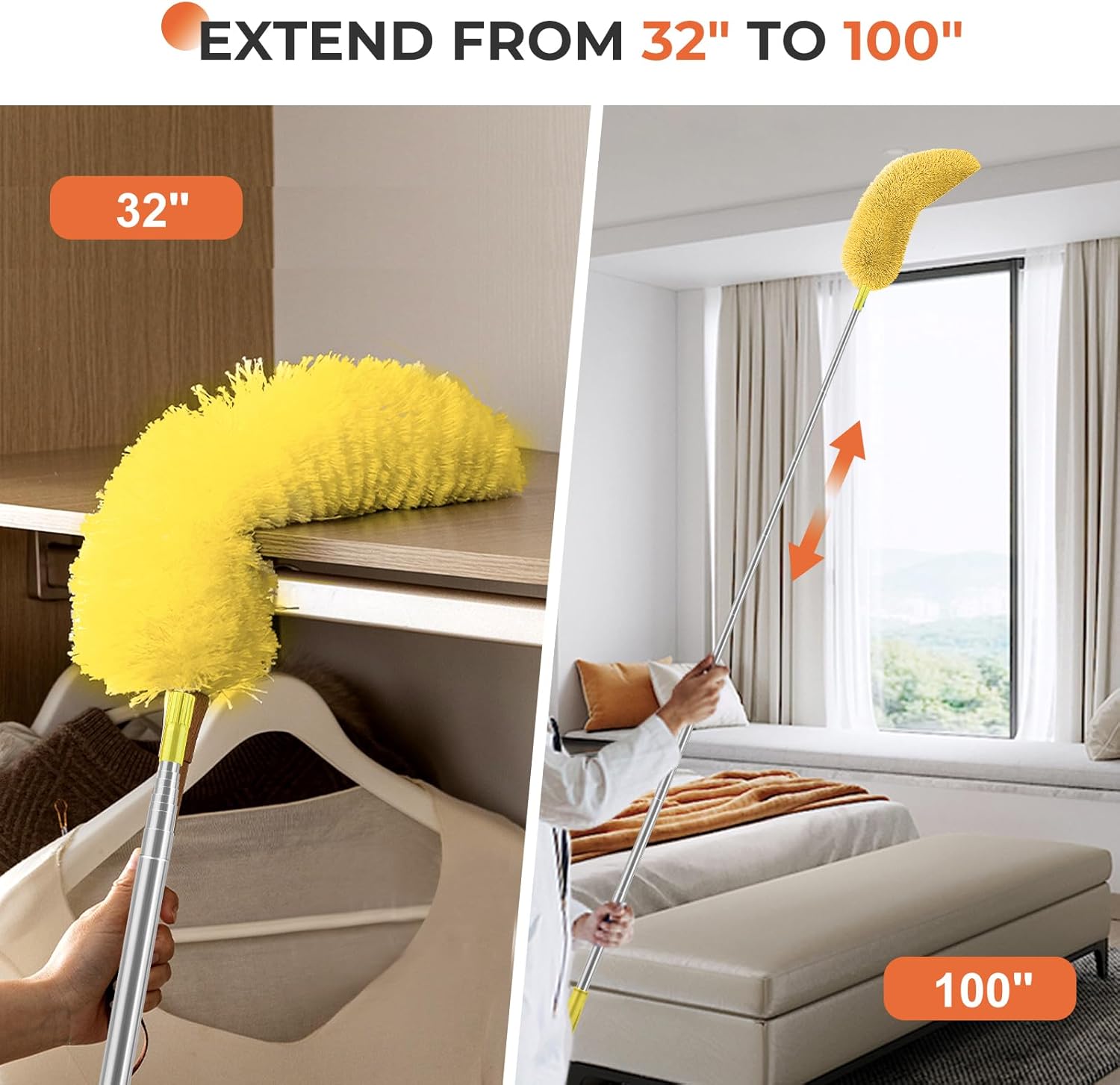 Dusters for Cleaning High Ceiling Fan, Newliton Microfiber Feather Duster with 30'' to 100'' Telescoping Extension Pole, Long Extendable Duster for Home Car Furniture Cobweb Gray