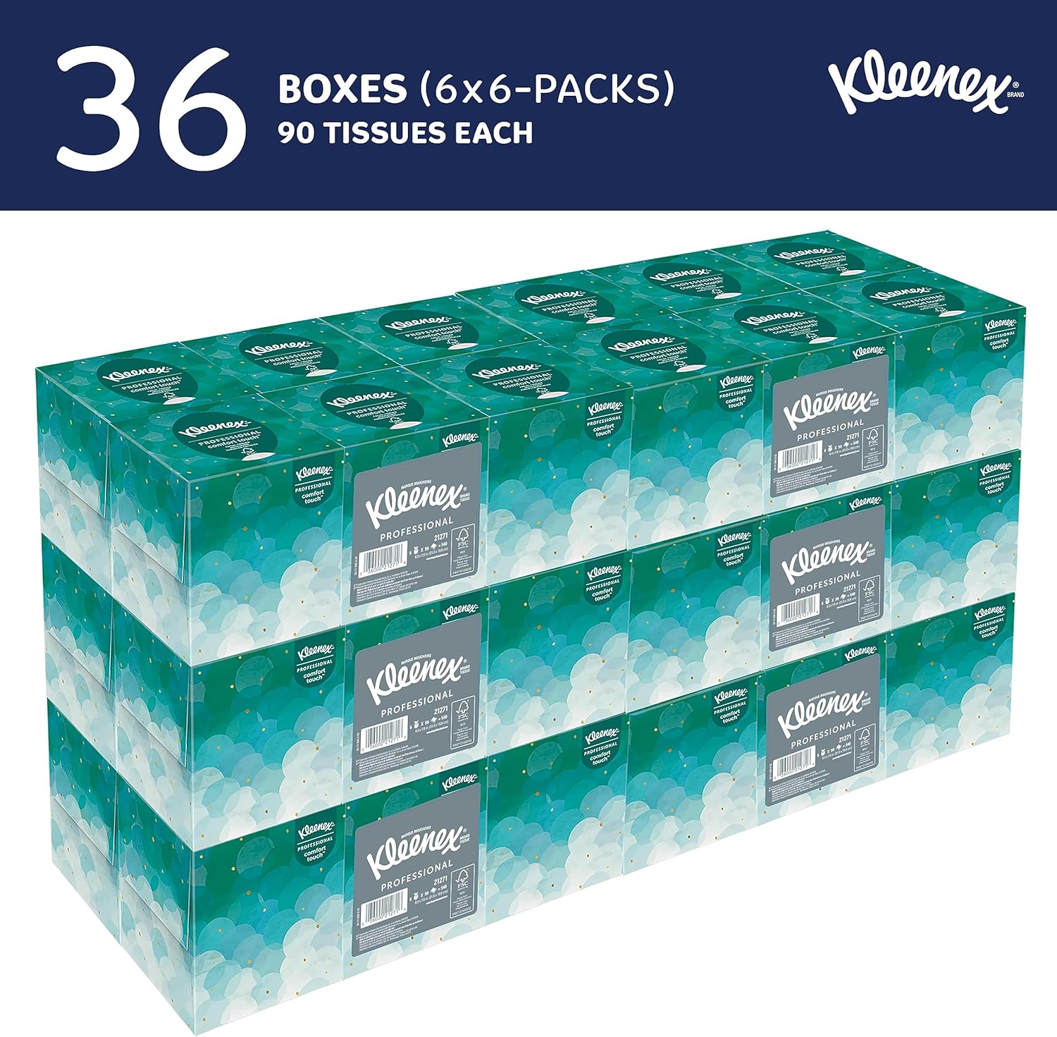 Kleenex® Professional Facial Tissues, Bulk (21271), 2-Ply, White, Upright Facial Tissue Cube Boxes for Business (90 Tissues/Box, 6 Bundles of 6 Boxes/Case, 36 Boxes/Case, 3,240 Tissues/Case)