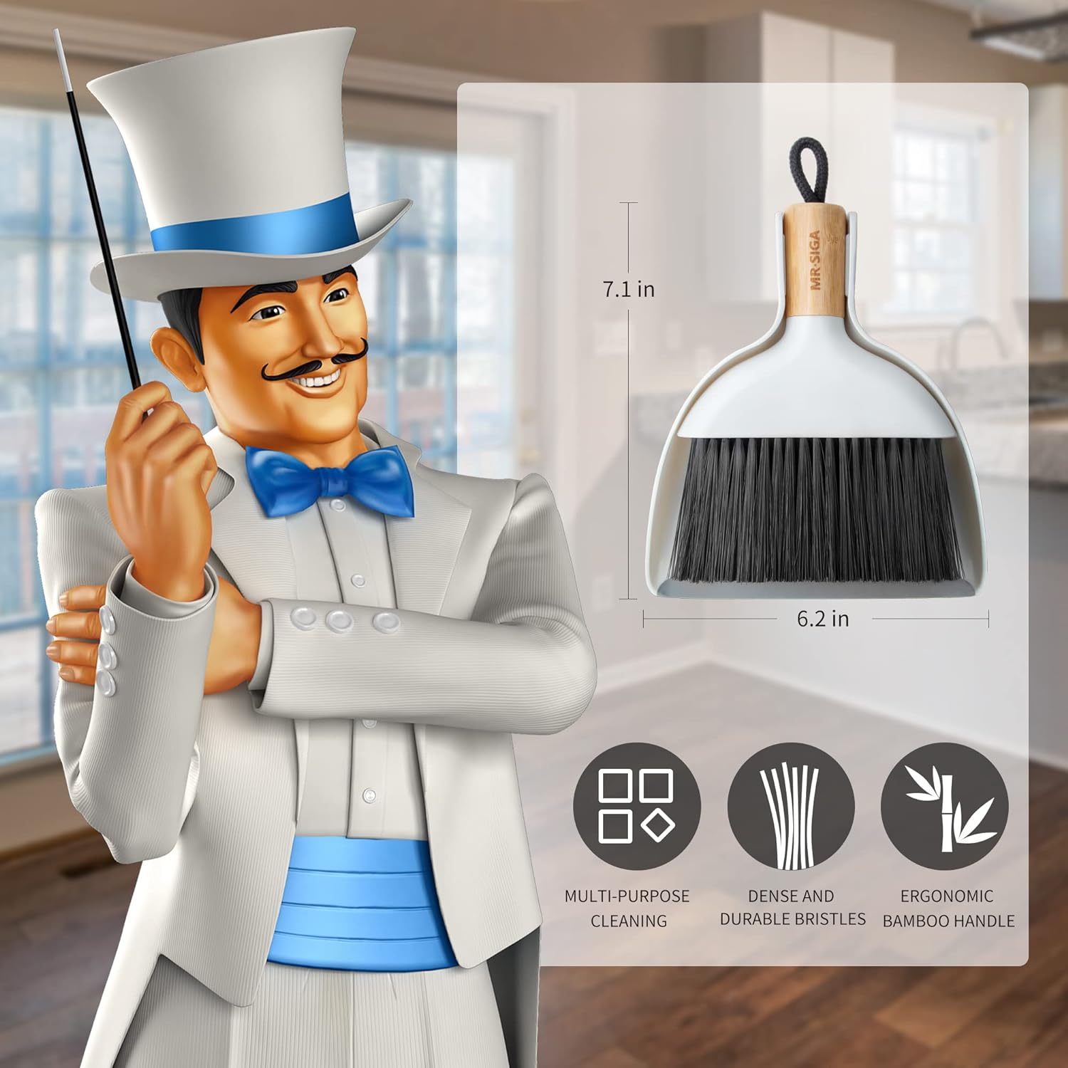 MR.SIGA Dustpan and Brush Set, Portable Cleaning Brush and Dustpan Combo with Bamboo Handle, 1 Set