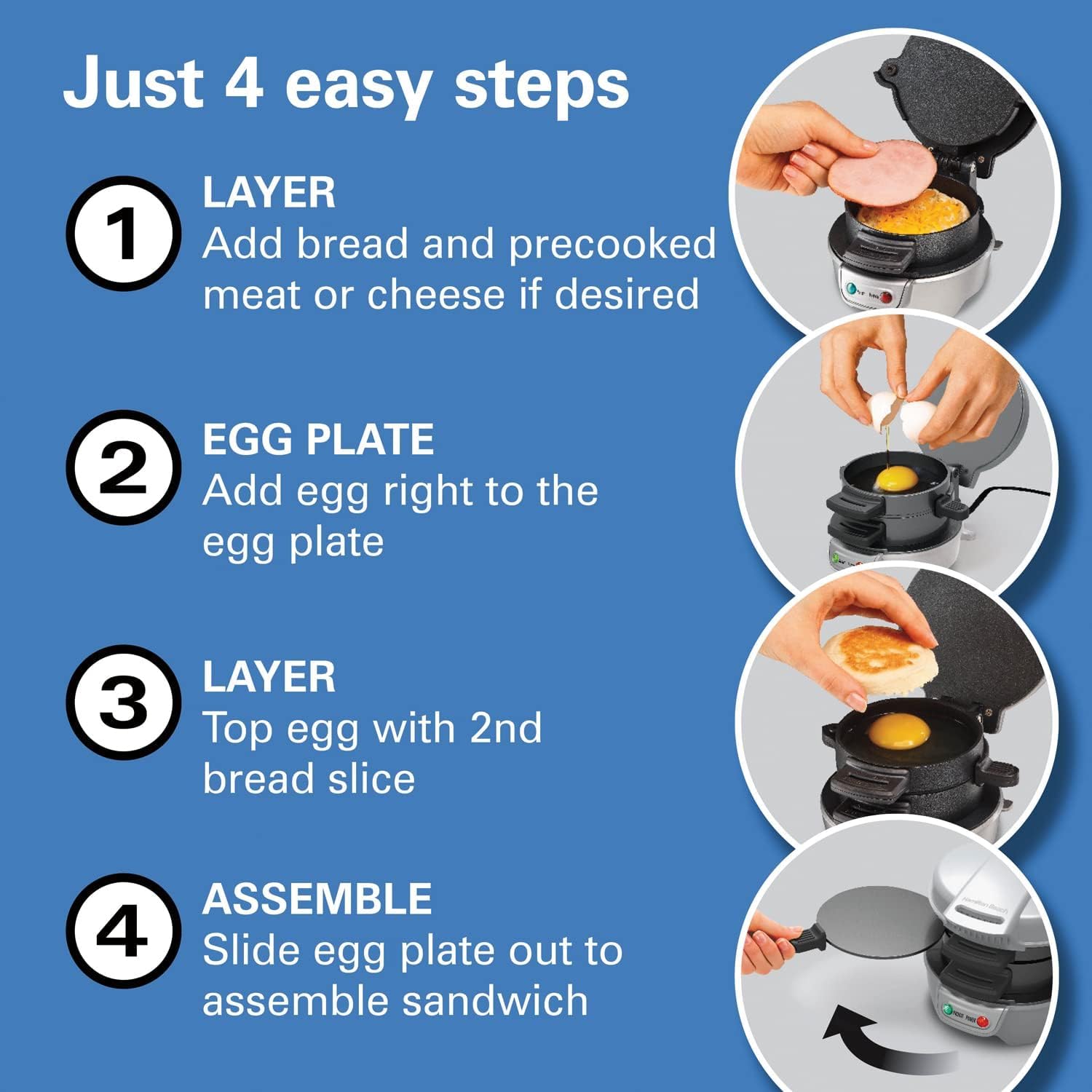 Hamilton Beach Breakfast Sandwich Maker with Egg Cooker Ring, Customize Ingredients, English Muffins, Croissants, Mini Waffles, Perfect White Elephant Gifts, Single, Black