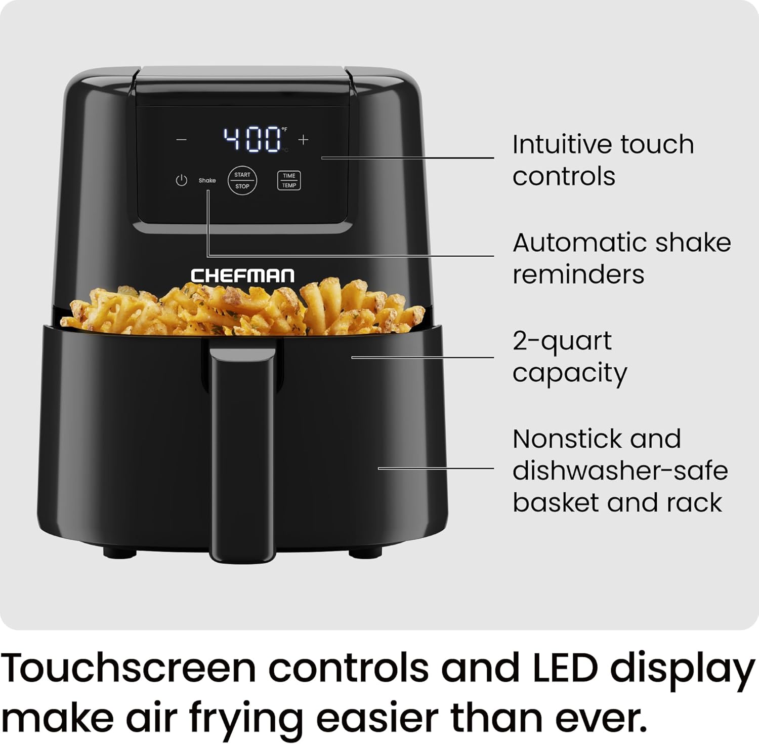 CHEFMAN 2 Qt Mini Air Fryer – Digital Space-Saving Compact Air Fryer with Nonstick and Dishwasher Safe Basket, Quick & Easy Meals in Minutes, Features Digital Timer and Shake Reminder – Grey