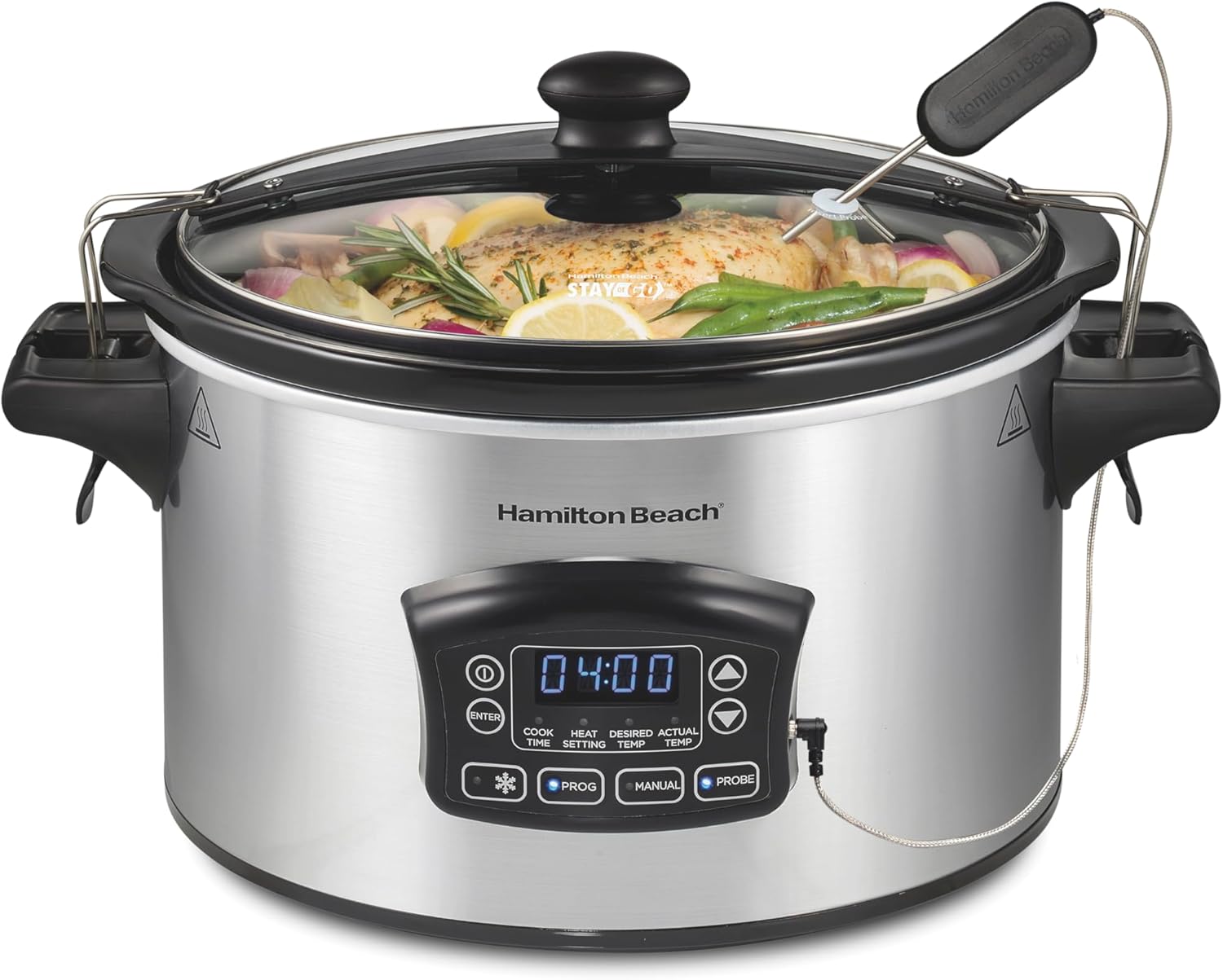 Hamilton Beach Portable 6 Quart Set & Forget Digital Programmable Slow Cooker with Lid Lock, Temperature Probe, Dishwasher Safe Crock & Lid, Black Stainless (33866)