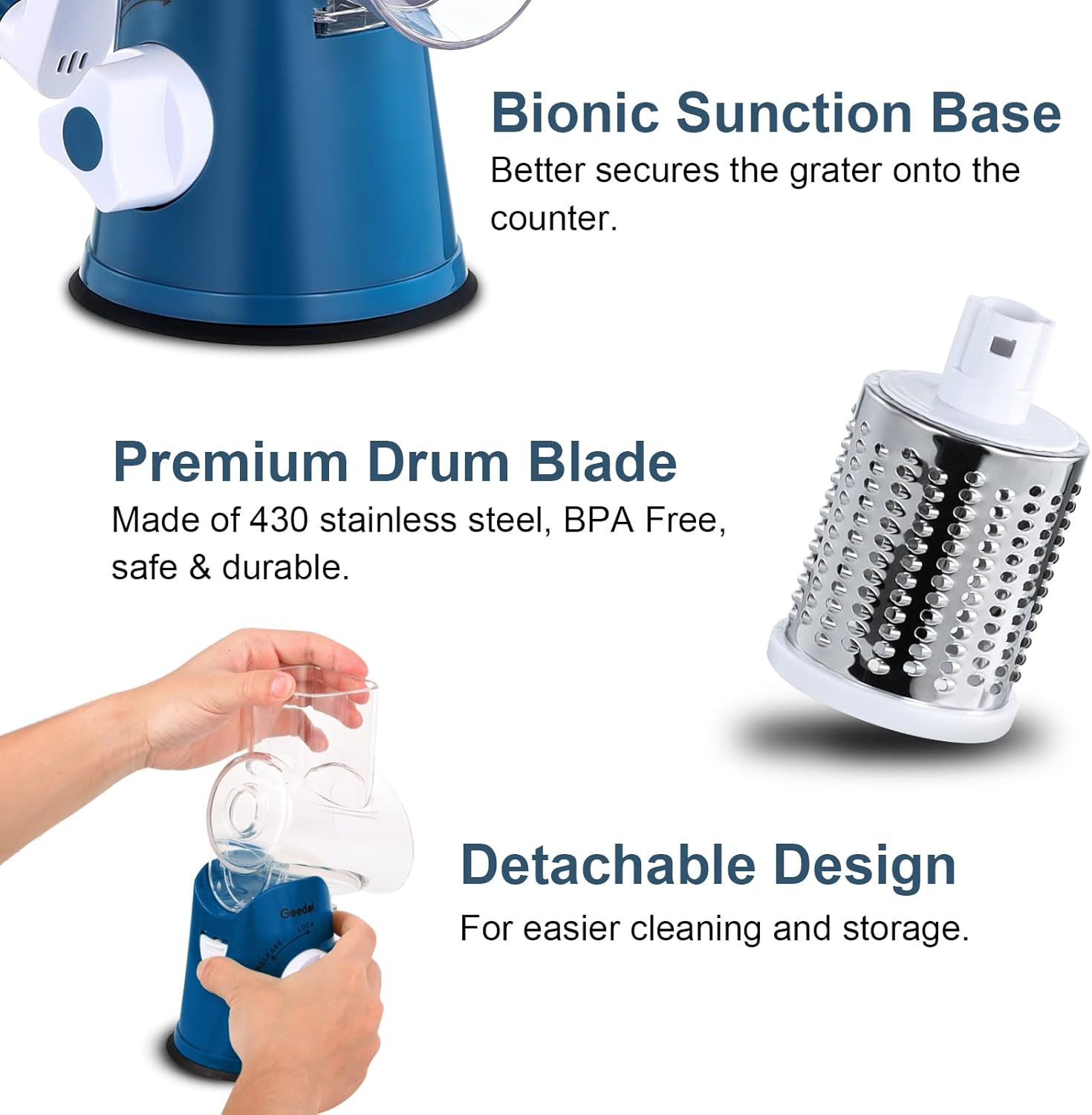 Geedel Rotary Cheese Grater, Kitchen Mandoline Vegetable Slicer with 3 Interchangeable Blades, Easy to Clean Grater for Fruit, Vegetables, Nuts