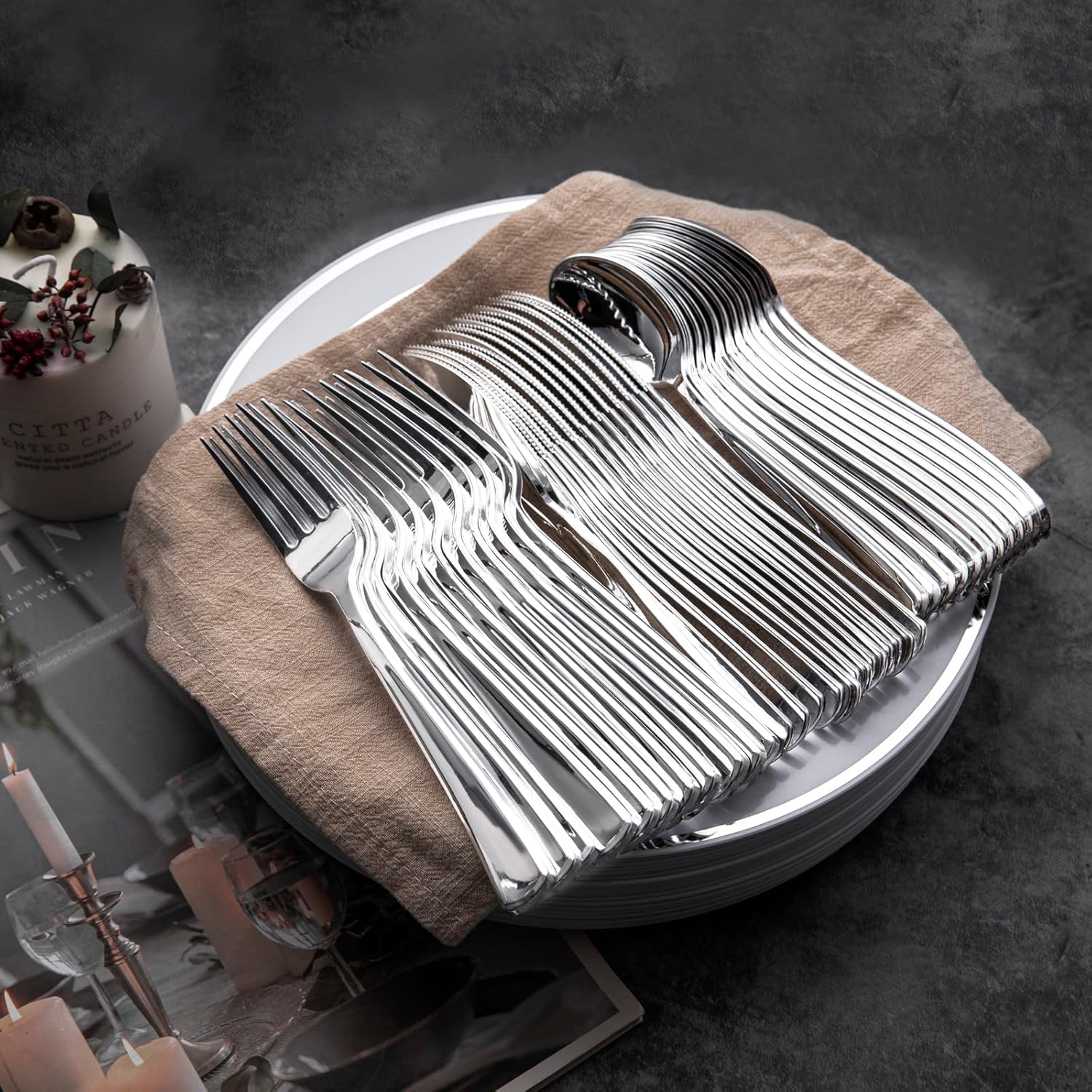 WDF300 Pieces Gold Plastic Silverware - Heavy Duty Disposable Gold Cutlery Set Plastic Gold Silverware Set Plastic Includes 100 Forks, 100 Spoons, 100 Knives