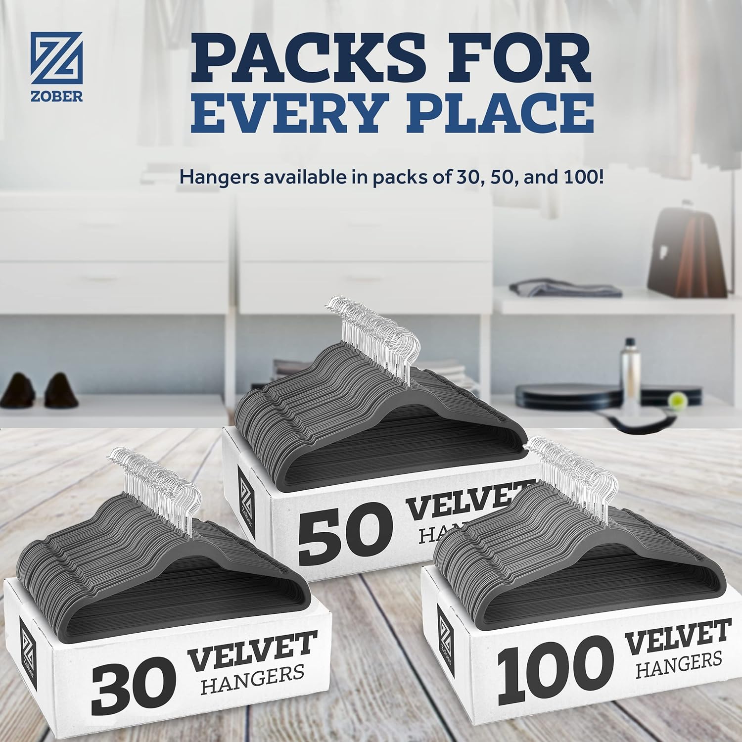 Zober Velvet Hangers 50 Pack - Heavy Duty Black Hangers for Coats, Pants & Dress Clothes - Non Slip Clothes Hanger Set - Space Saving Felt Hangers for Clothing