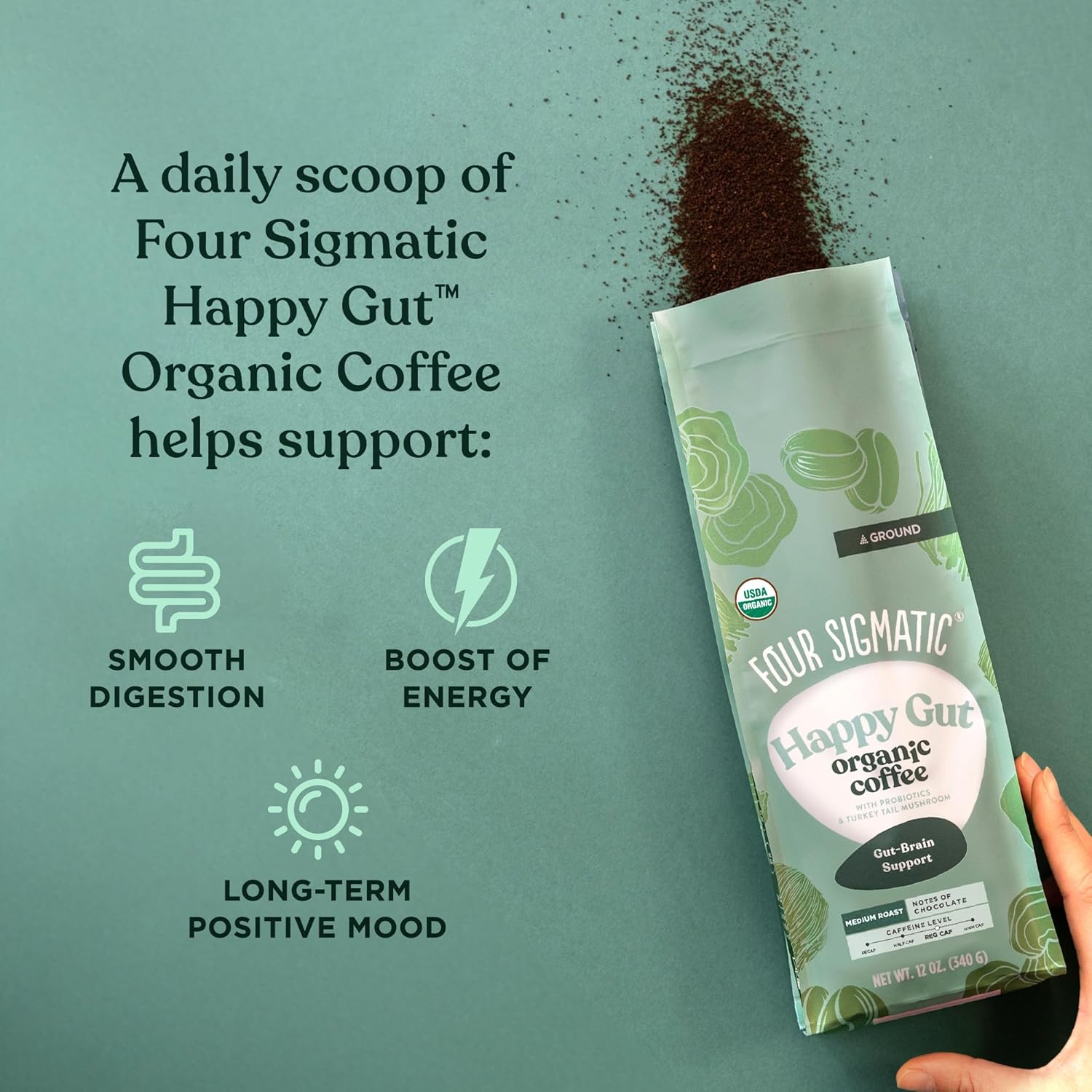 Four Sigmatic Think Mushroom Coffee | Organic Ground Coffee with Lion's Mane Mushroom and Chaga Mushroom | Nootropic Mushroom Coffee for Better Focus and Immune Support | 12oz Bag