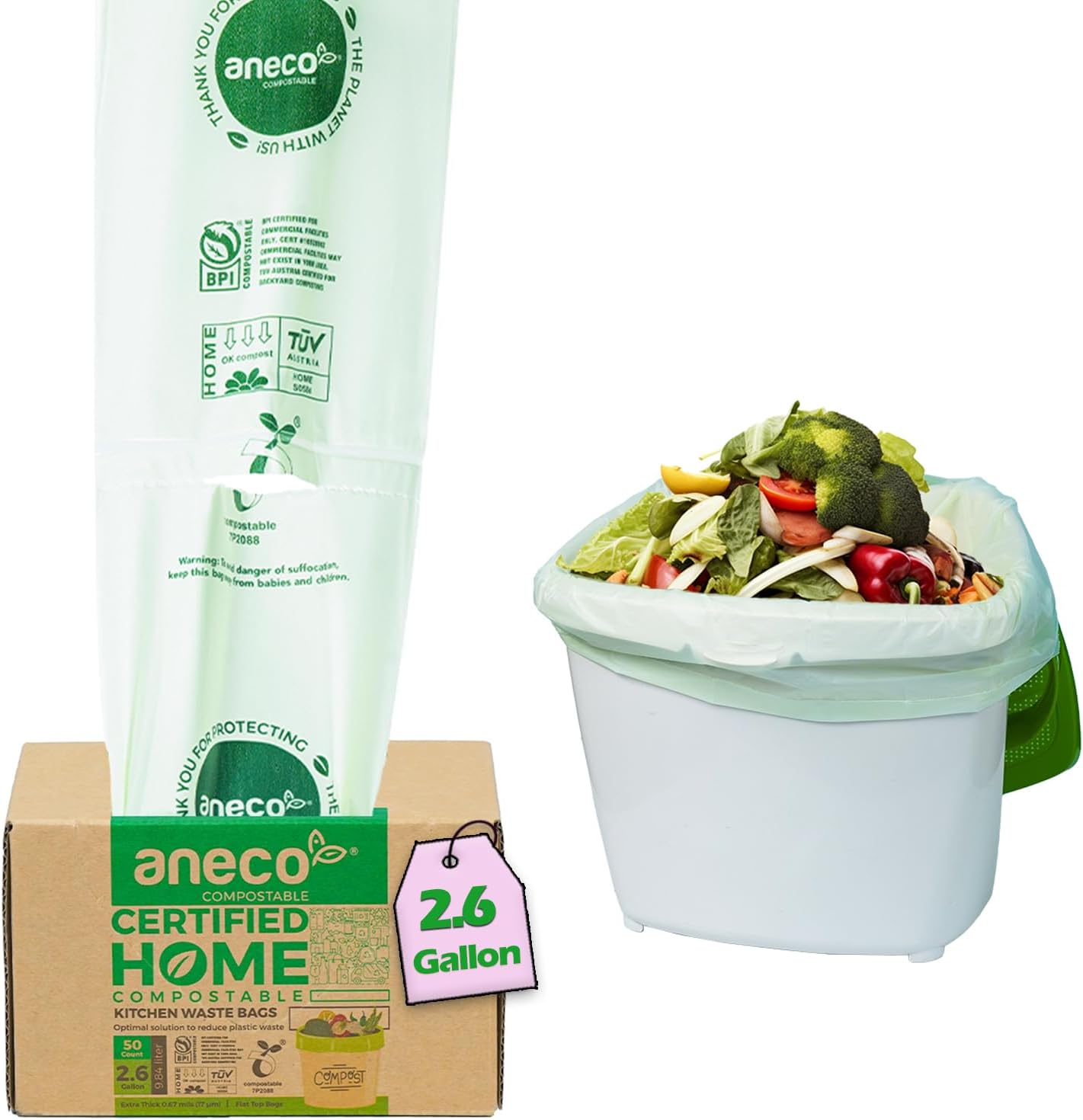 ANECO 100% Compostable Waste Bags 2.6 Gallon, Extra Thick Kitchen Small Compost Bags for Countertop Bin (100 Count)