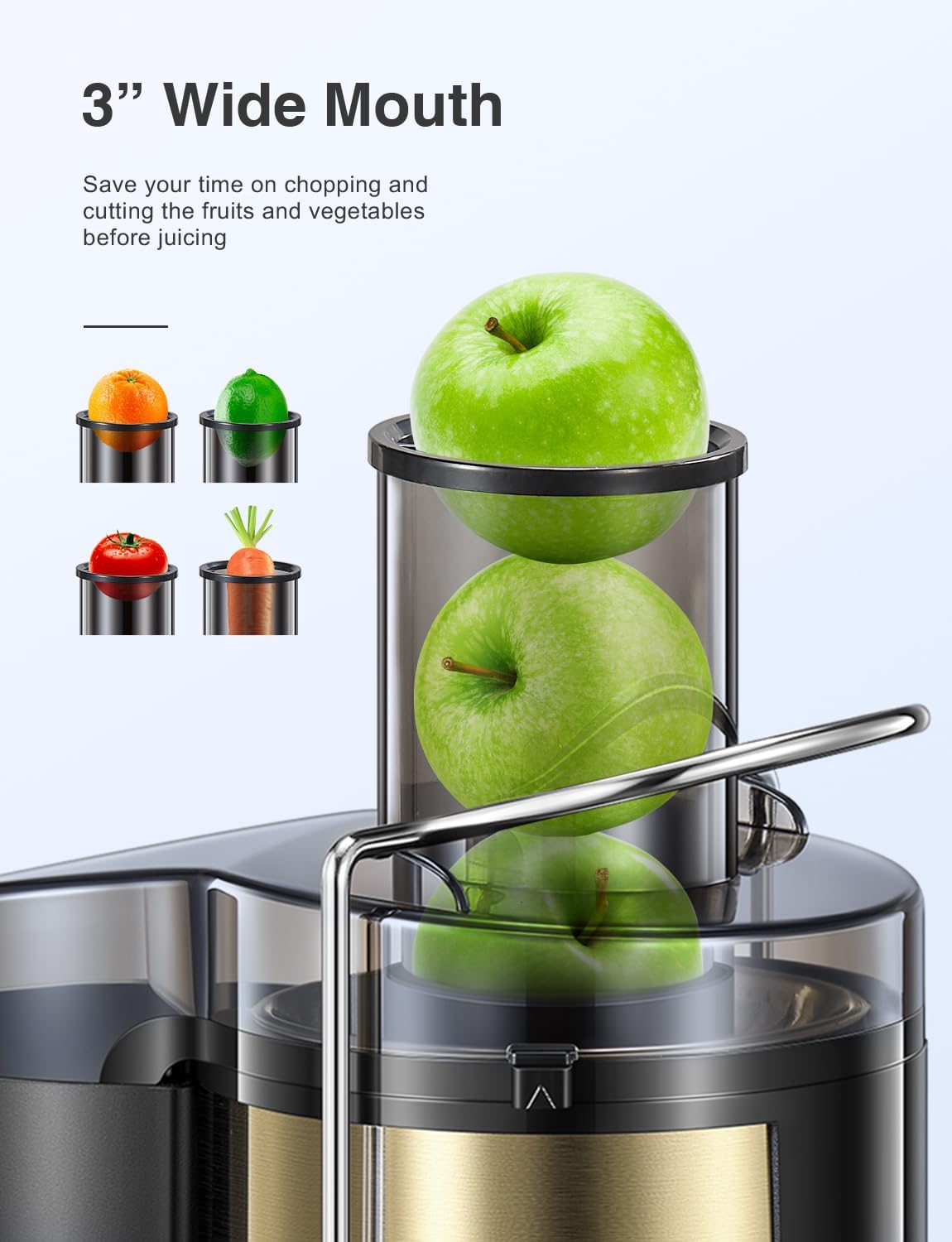 Qcen Juicer Machine, 800W Centrifugal Juicer Extractor with Wide Mouth 3” Feed Chute for Fruit Vegetable, Easy to Clean, Stainless Steel, BPA-free (Black)