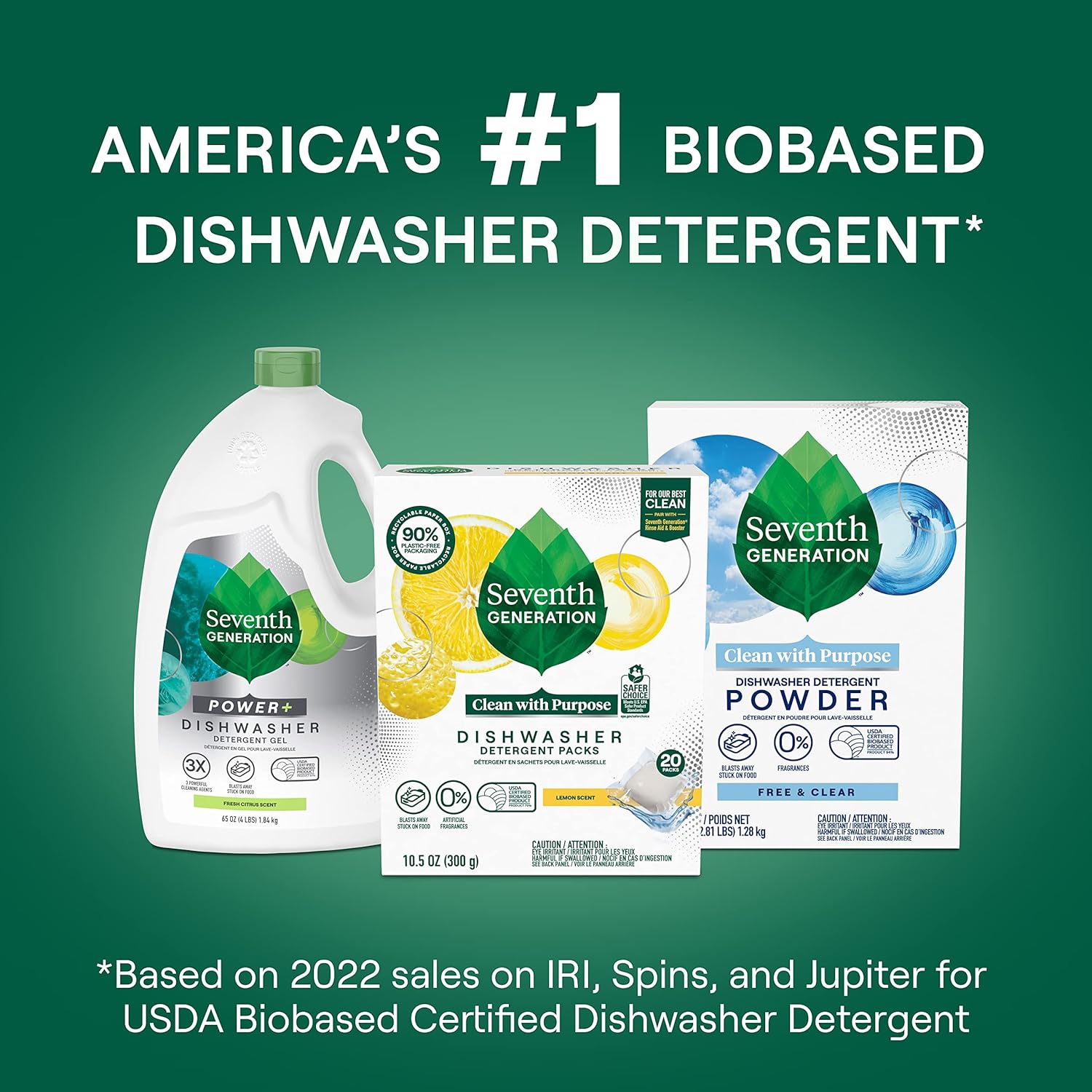 Seventh Generation Dishwasher Detergent Packs for Sparkling Dishes Free & Clear Dishwasher Tabs 45 Count, Pack of 2 (Packaging May Vary)