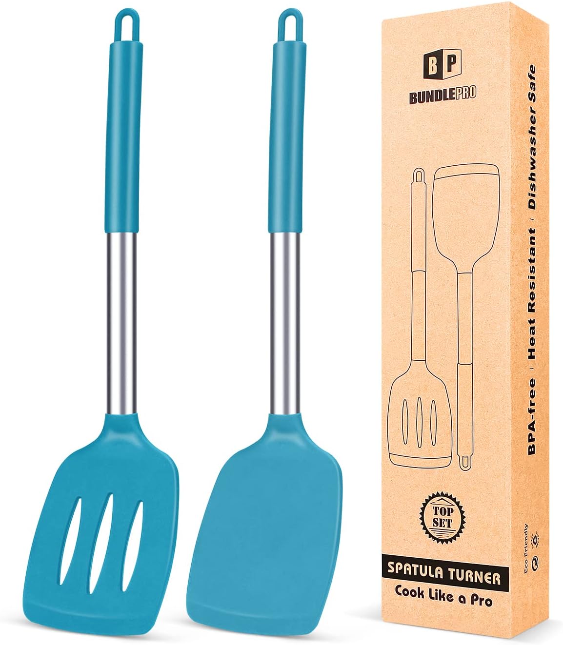 Pack of 2 Silicone Solid Turner,Non Stick Slotted Kitchen Spatulas,High Heat Resistant BPA Free Cooking Utensils,Ideal Cookware for Fish,Eggs,Pancakes (Black)