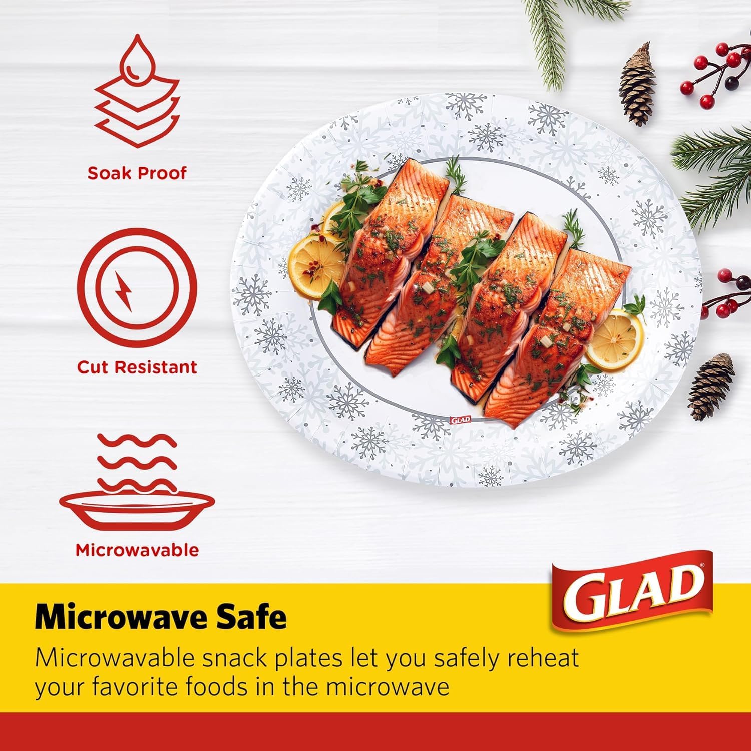 Glad Disposable Holiday Paper Plates, 10 Inch, 20 Count - Red Snowflake Design, Heavy Duty and Microwavable