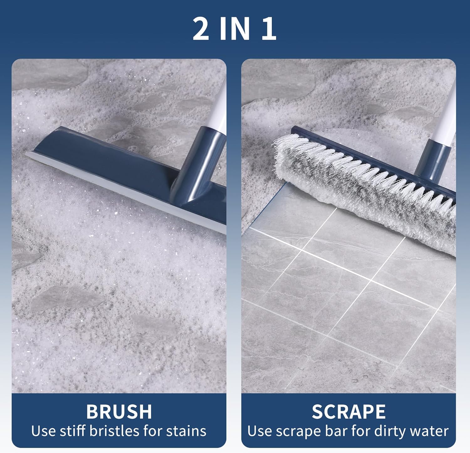 BOOMJOY Floor Scrub Brush with Long Handle, 2 in 1 Scrape and Brush, Stiff Bristles Floor Scrubber, Deck Brush for Cleaning Bathroom, Patio, Garage, Kitchen, Bath, Tile