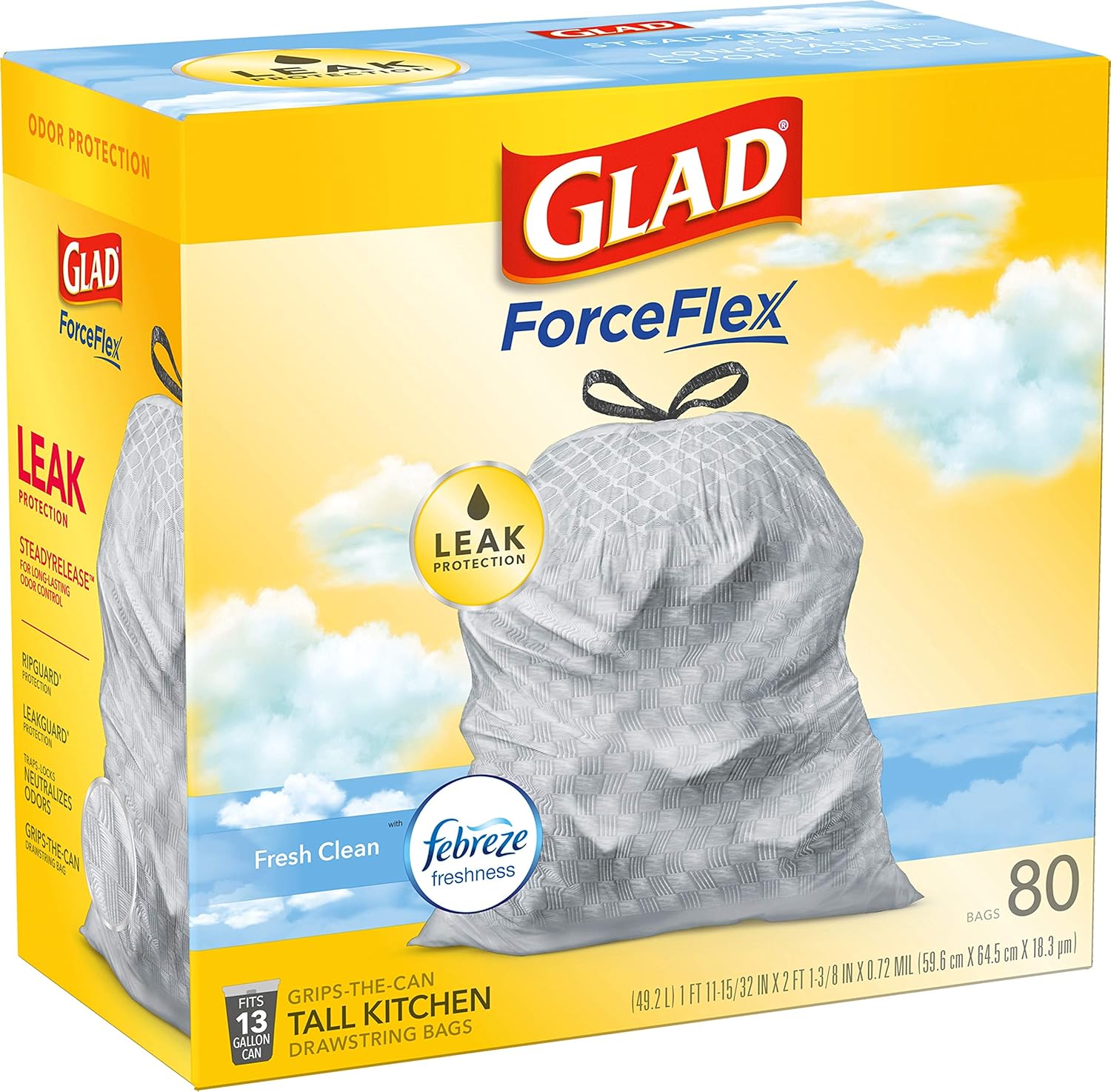 Glad Tall Kitchen Drawstring Trash Bags - Odorshield 13 Gallon White Trash Bag, Febreze Fresh Clean, 110 Count