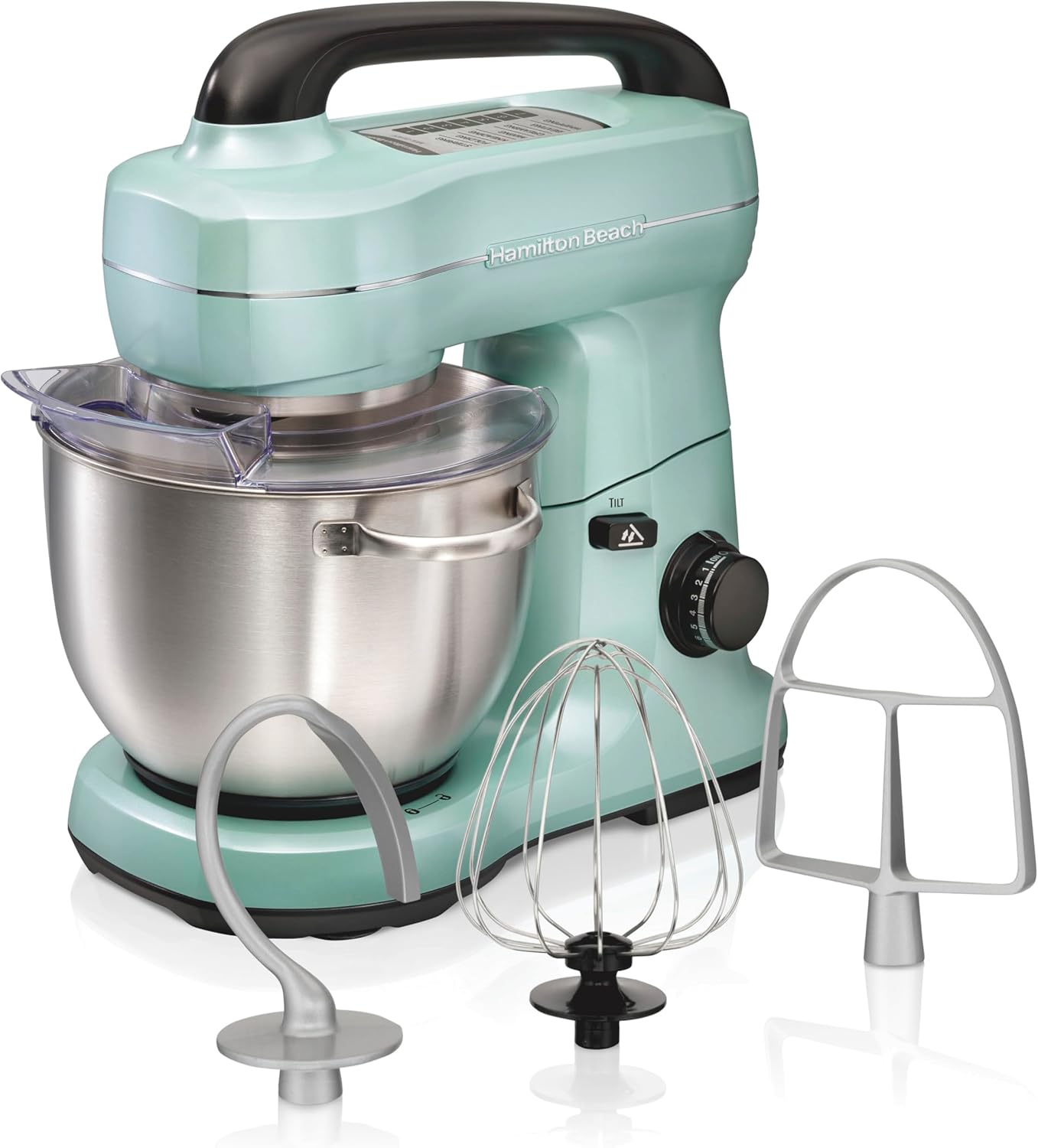 Hamilton Beach Electric Stand Mixer, 4 Quarts, Dough Hook, Flat Beater Attachments, Splash Guard 7 Speeds with Whisk, Black with Top Handle
