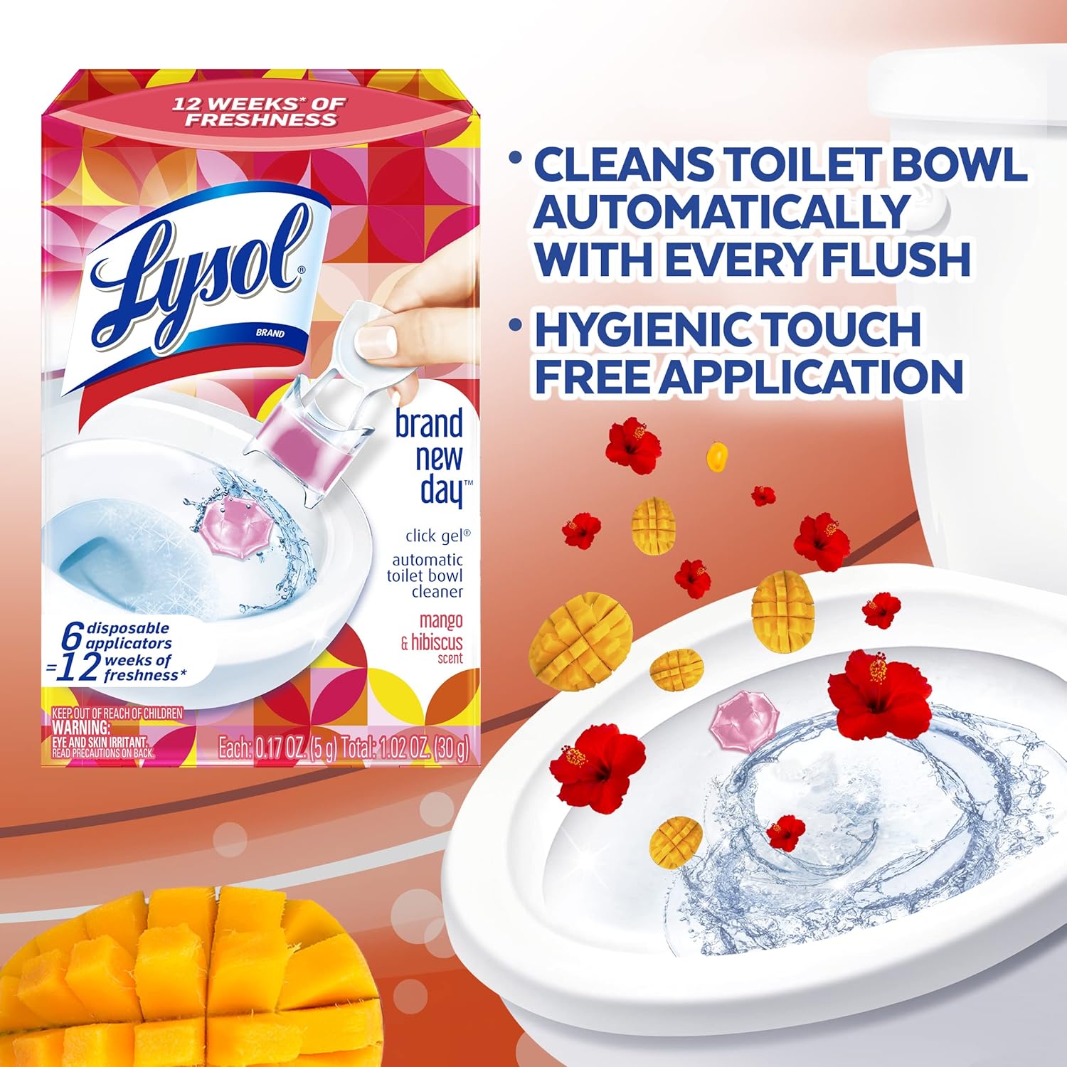 Lysol Click Gel Automatic Toilet Bowl Cleaner, Gel Toilet Bowl Cleaner, For Cleaning and Refreshing, Mango & Hibiscus, 6 Count (Pack of 1)