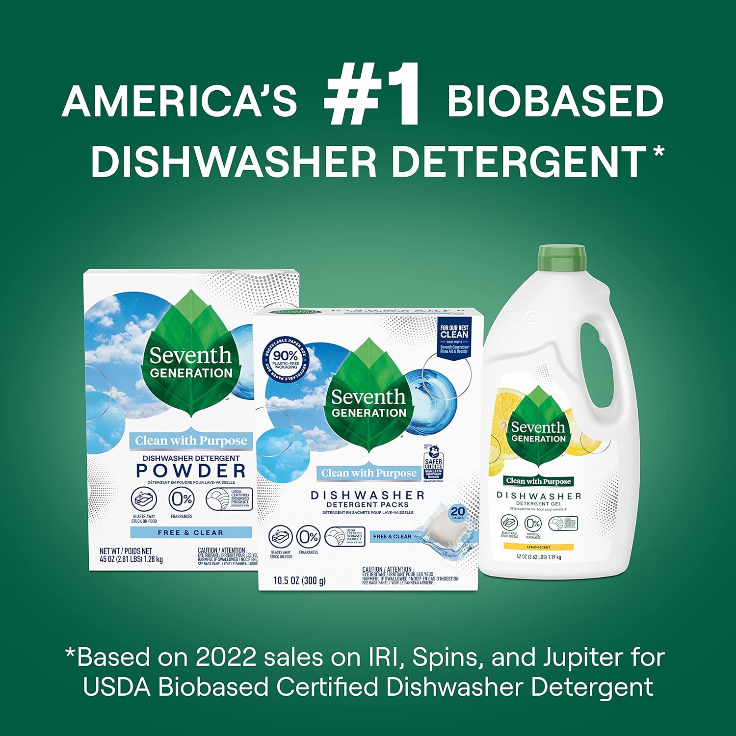 Seventh Generation Dishwasher Detergent Packs for Sparkling Dishes Free & Clear Dishwasher Tabs 45 Count, Pack of 2 (Packaging May Vary)