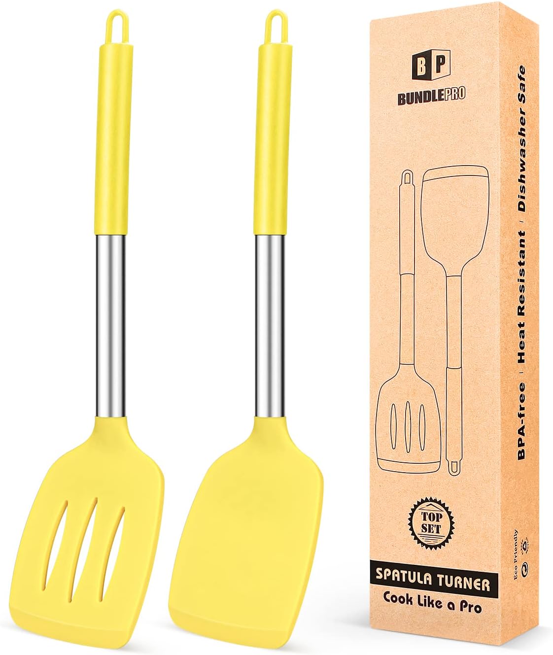 Pack of 2 Silicone Solid Turner,Non Stick Slotted Kitchen Spatulas,High Heat Resistant BPA Free Cooking Utensils,Ideal Cookware for Fish,Eggs,Pancakes (Black)