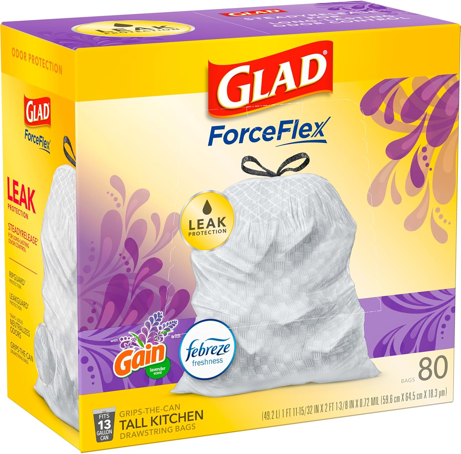 Glad ForceFlex Tall Kitchen Trash Bags, 13 Gal, Gain Original with Febreze, 110 Ct (Pack May Vary)