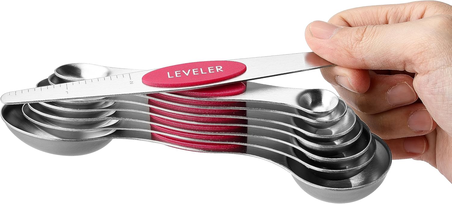 Spring Chef Magnetic Measuring Spoons Set with Strong N45 Magnets, Heavy Duty Stainless Steel Metal, Fits in Most Kitchen Spice Jars for Baking & Cooking, BPA Free, Black, Set of 8 with Leveler