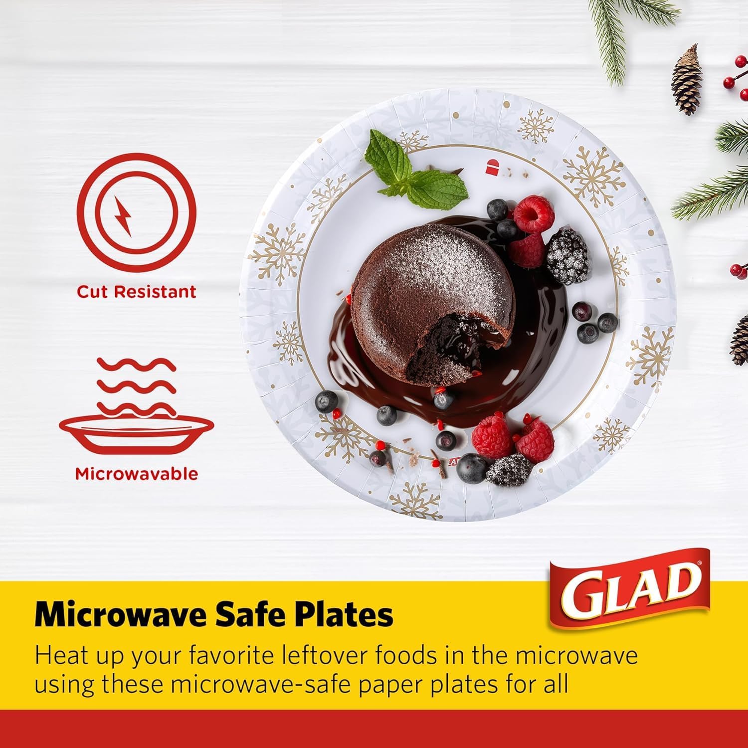Glad Disposable Holiday Paper Plates, 10 Inch, 20 Count - Red Snowflake Design, Heavy Duty and Microwavable