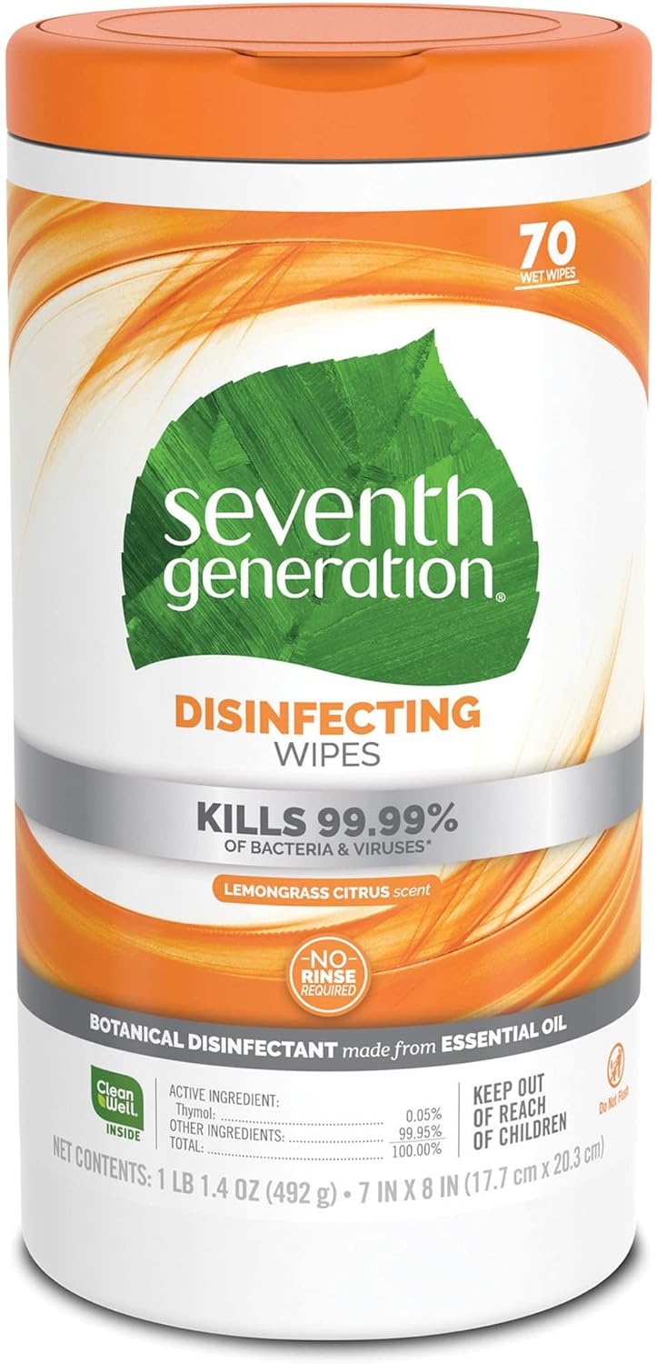 Seventh Generation Disinfecting Multi-Surface Wipes, Pack of 3, Lemongrass Citrus, 70 Count