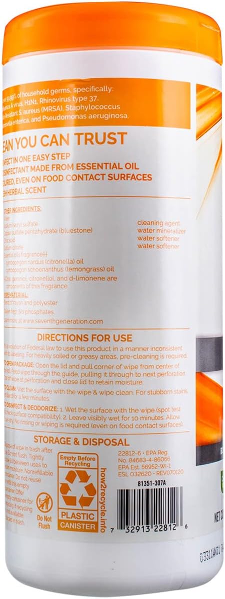 Seventh Generation Disinfecting Multi-Surface Wipes, Pack of 3, Lemongrass Citrus, 70 Count