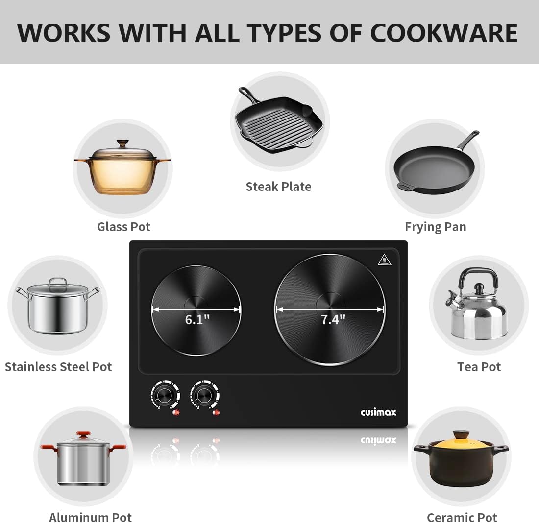 CUSIMAX 1800W Ceramic Electric Hot Plate for Cooking, Dual Control Infrared Cooktop, Double Burner, Portable Countertop Burner, Glass Plate Electric Cooktop, Silver, Stainless Steel-Upgraded Version