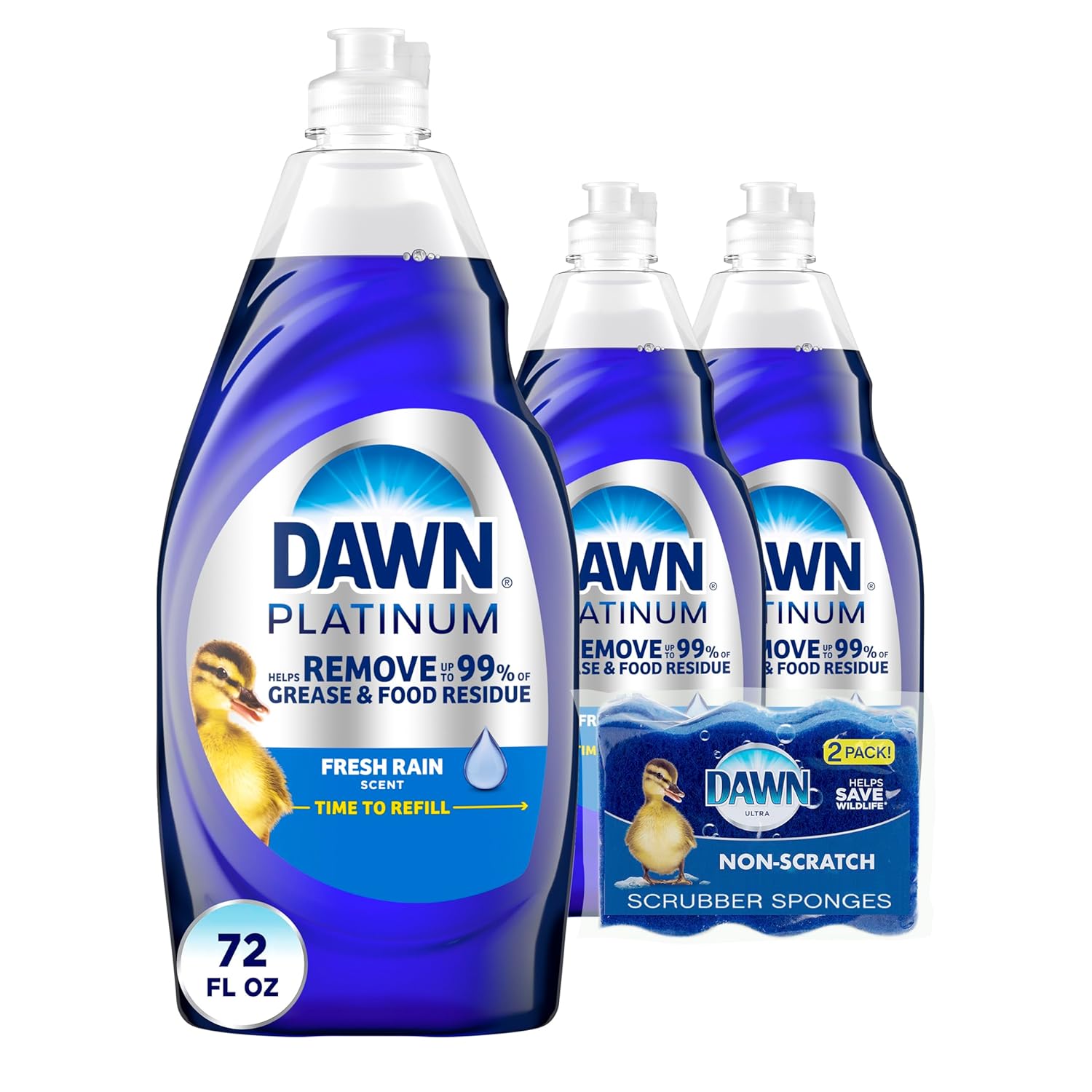 Dawn Dish Soap Squeeze Bottle, EZ-Squeeze Platinum Dish Soap Liquid+Non-Scratch Sponges for Dishes,Refreshing Rain,Includes 3x18oz Bottles+2 Sponges