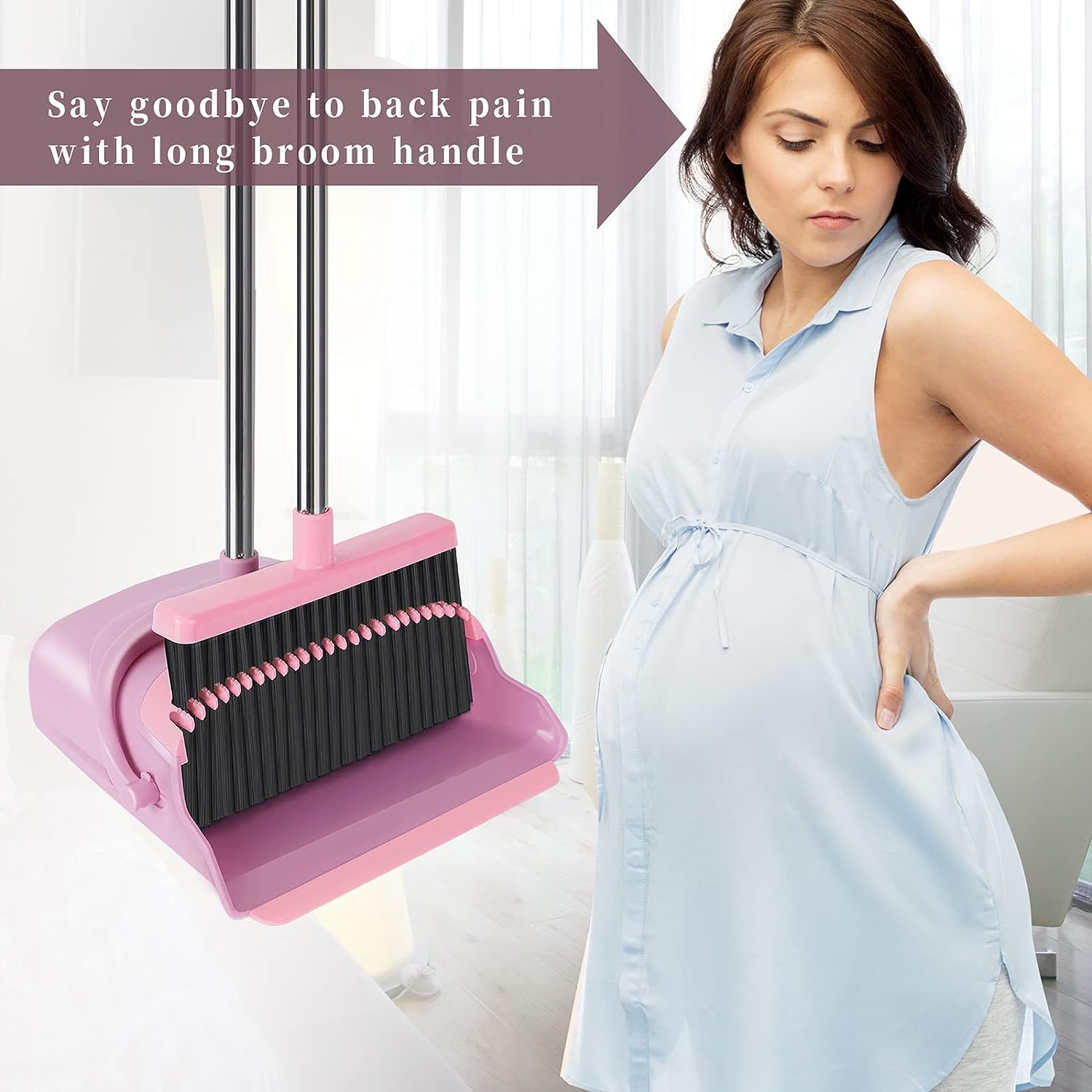 kelamayi Upgrade Stand Up Broom and Dustpan Set, Self-Cleaning with Dustpan Teeth, Ideal for Dog Cat Pets Home Use, Super Long Handle (Gray&Orange)