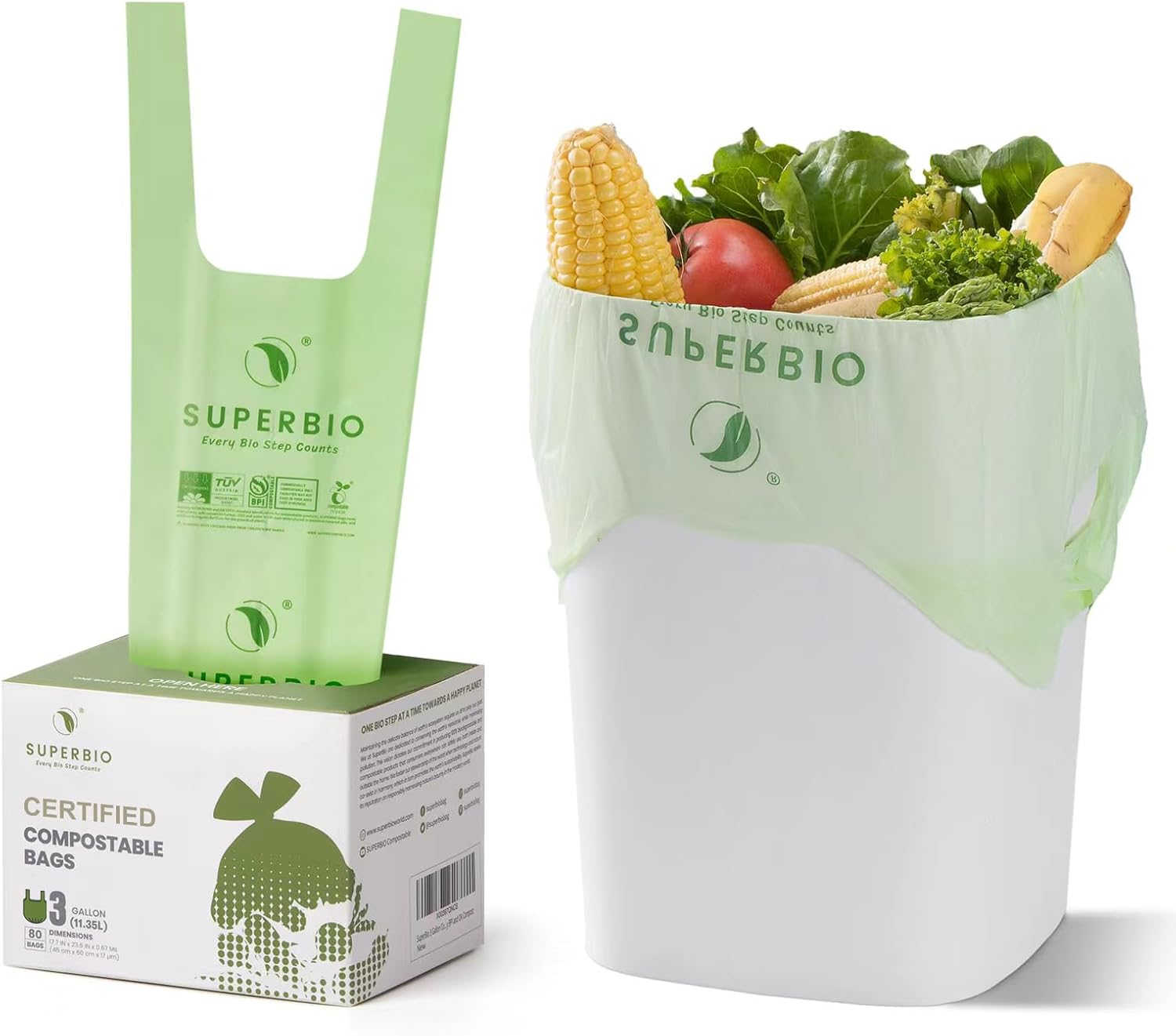SUPERBIO 1.6 Gallon Handle Tie Compostable Food Scrap Bags For Counter Top Compost Bin, Small Compost Bags, 50 Count, 6 Liter, BPI & OK compost INDUSTRIAL Certified