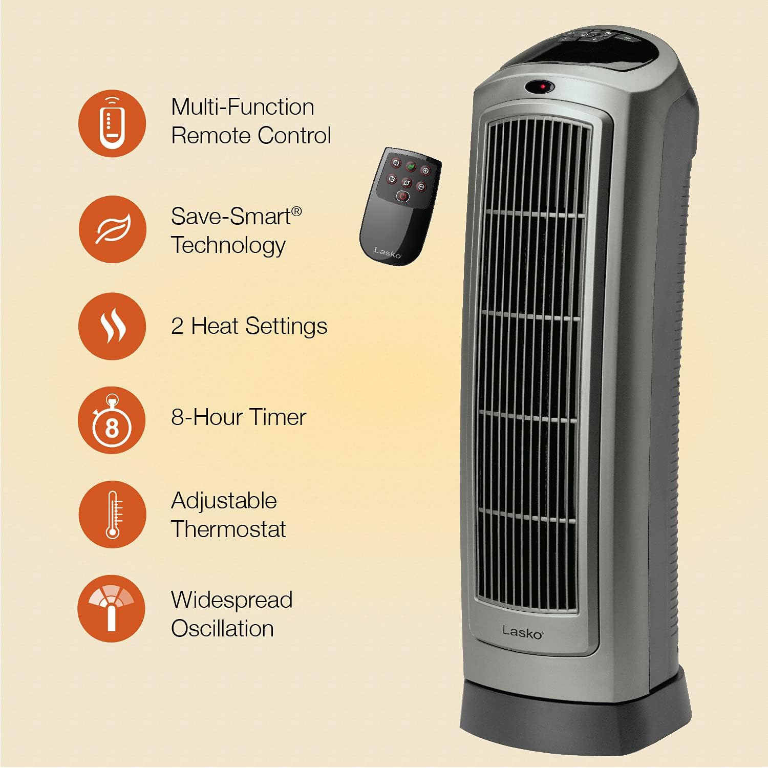 Lasko Oscillating Digital Ceramic Tower Heater for Large Rooms, with Adjustable Thermostat, Timer and Remote Control, 29 Inches, 1500W, Black, 5586